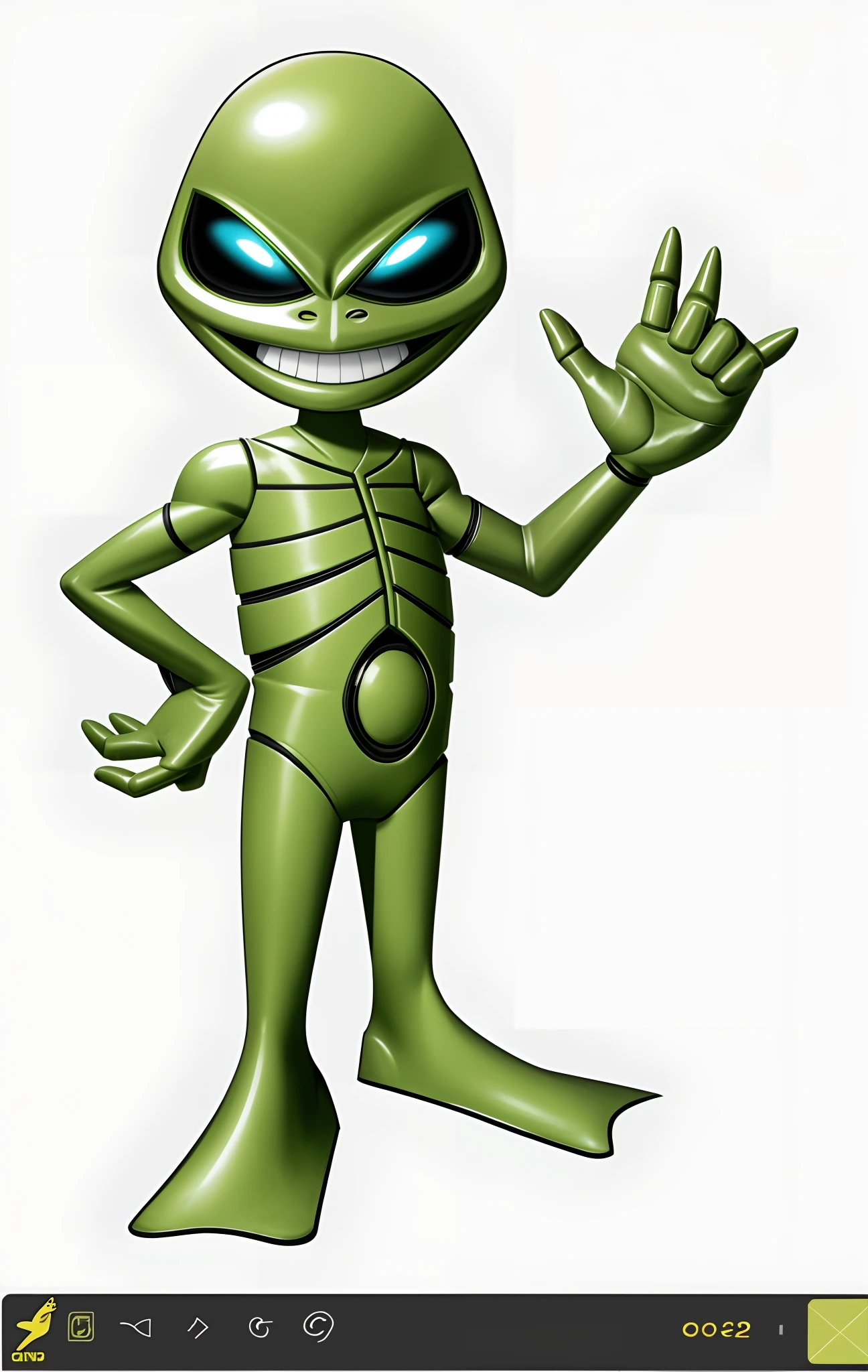 Side view of a cartoon alien character, estilo quadrinhos, estilo cartoon, arte linear, contorno preto