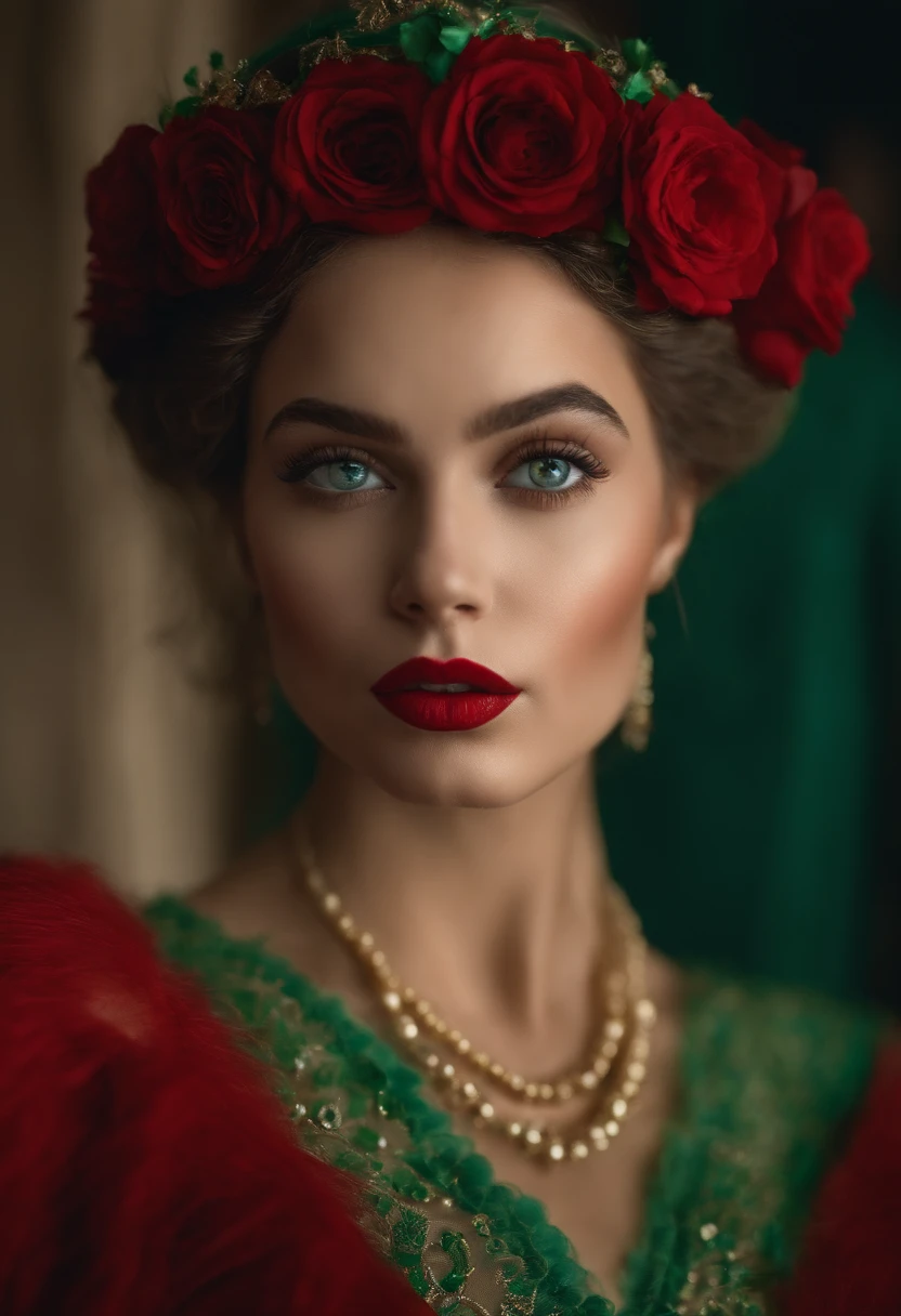 um close-up de uma pessoa segurando uma casquinha de sorvete, doce, mulher com cabelo prateado ondulado, franja, Olhos azuis claros, red lips, vestido verde terno,