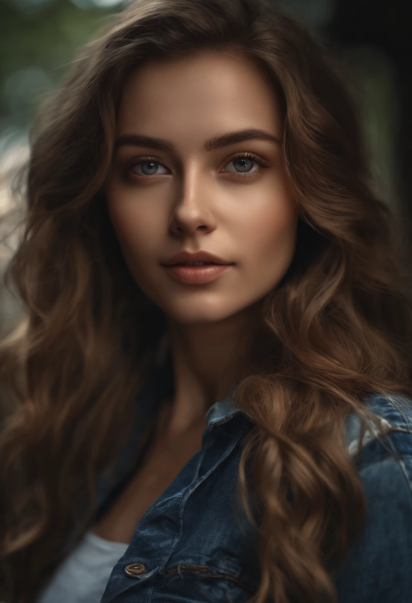 8K, Best Quality, masutepiece, 超A high resolution, (Realism: 1.4), Original photo, (Realistic skin texture: 1.3), (film grains: 1.3), (Selfie angle), 1 girl, Beautiful eyes and face details, masutepiece, Best Quality, close-up, Upper body, looking at viewert,gals,denim
