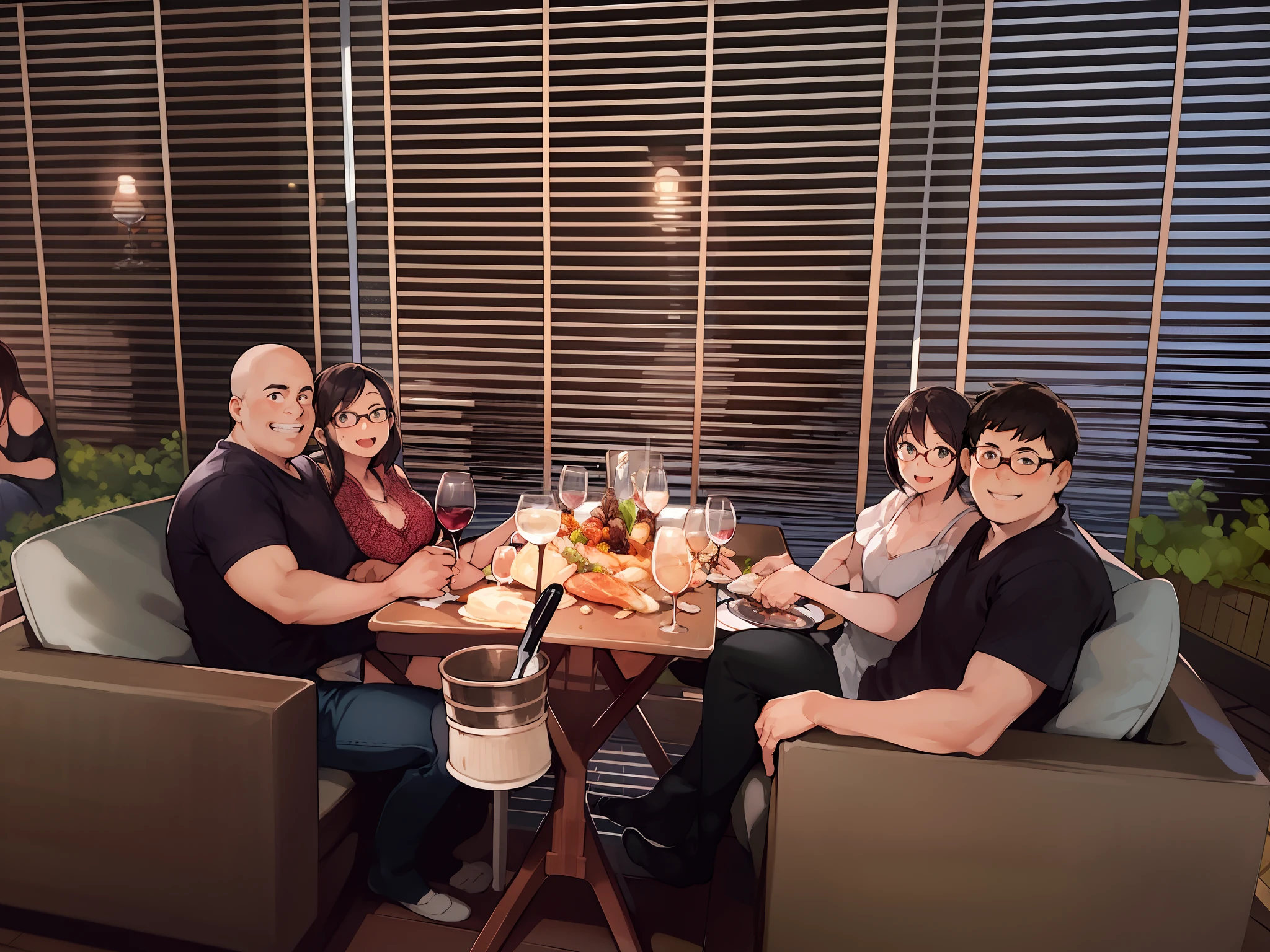Several people sitting at a table with wine glasses and wine glasses, family dinner, Family photo, group sit at table, pixar