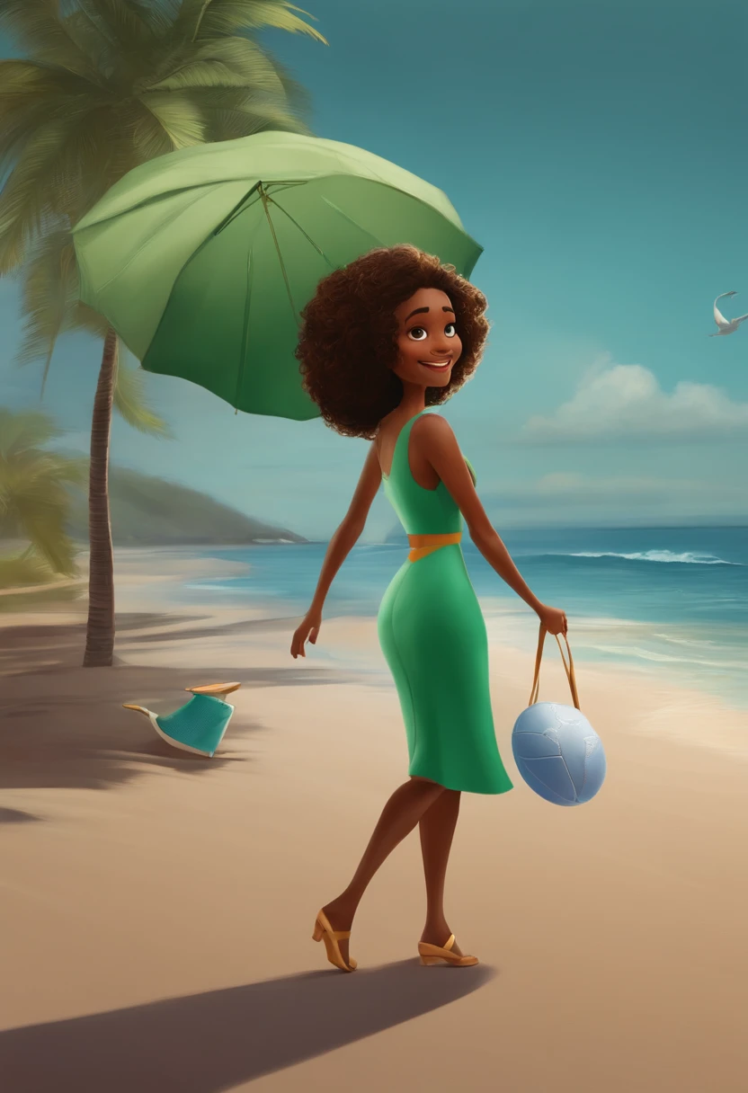 Pixar. Mulher de meia idade, branca, olhos azuis, com rosto redondo, cabelos negros um pouco absixo dos ombros de vestido verde e tenis branco brinca em uma casa de praia com sua cachorrinha salsicha marrom