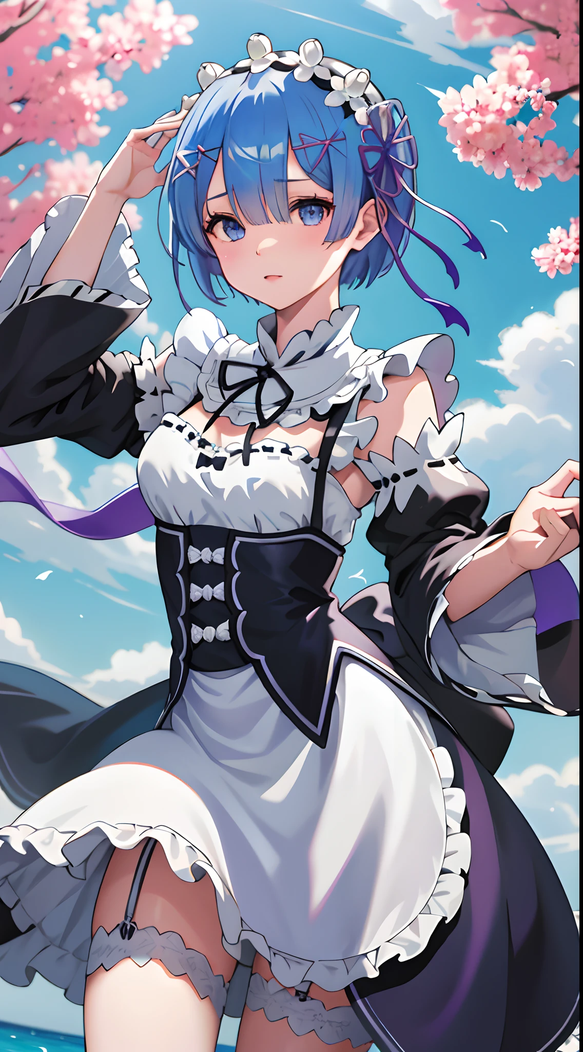 ​masterpiece, top-quality, Hi-Res, REM 1, 1girl in, 独奏, Remu\(re:Zero\), Blue hair, white thighhig, shorth hair, blue eyess, Hair above one eye, Ribbon Trim, Hair Ribbon, X Hair Ornament, frilld, Maid Headdress, waist apron, garter strap, Black ribbon, small tits, long-sleeve, White apron, Ribbon around the neck, Purple ribbon, Wide sleeves, flower in hair,