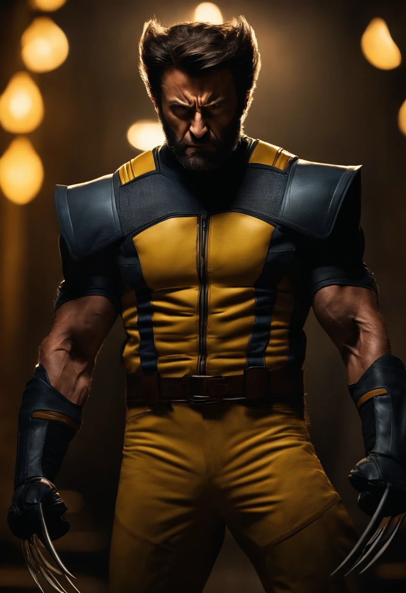 (masterpiece), full body view raw photo of wolverine angry, at night,with is typic wolverine yellow suit cool, badass, hero, angry, marvel, short hair, realistic, detailed, , epic, cinematic, 4k, logan, (photorealistic:1.3), ultradetailed, perfect face, serious,the man posture displays a immense hate and anger, gorgeous background, man focus, extreme shading, perfect lighting, dramatic lighting, scary , XB