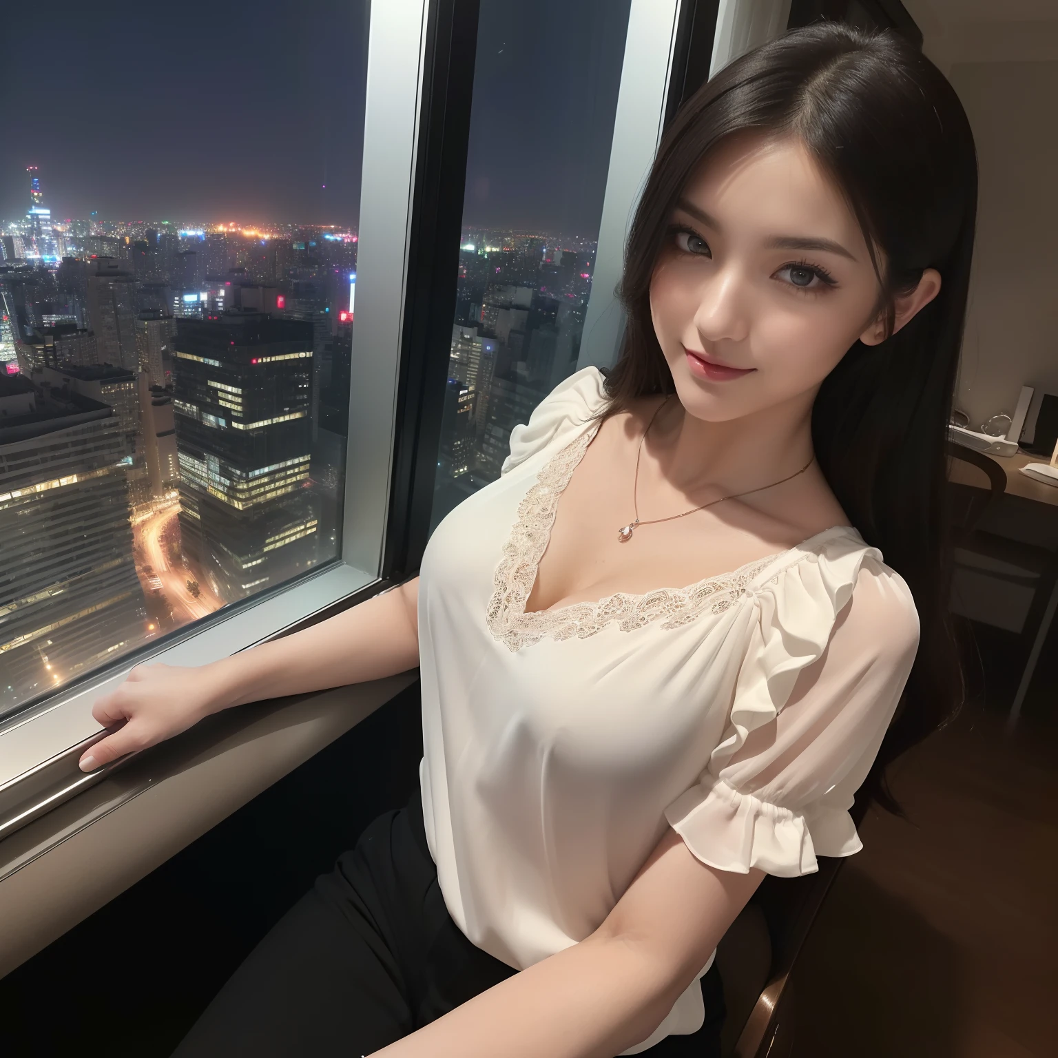 ((1人の女性,Beauty Secretary: 1,25-years old,Classy ruffled blouse,Elegant half-sleeved blouse,Short-sleeved blouse,Classy ruffled blouse,Classy pants,Expensive necklaces,,Room in a tower apartment on the 40th floor,One huge window in the background,Huge windows,nighttime scene,Complex night scene,From the window, You can enjoy the view from the 40th floor,Faces close,Beautiful night view in the background,Midnight,Panoramic night view,Midnight view,Midnight,Looking at the camera,Shot from the waist up)),((Perfect makeup,sexy lip,Glossy lips,The most beautiful faces in Japan,long eyelashes,adultlike face,Adult beauties,Smile slightly,glamor,Beautiful lips,Perfect glossy lips,Full of sex appeal,glamor,Faces close,Staring at this,Breasts are big)),((The best lighting for epic movies,super-fine,beautiful hairl,Detailed rooms in luxury apartments,Romantic night view,Complex night scene,Detailed night view,,super-fine,beautiful hairl,The most beautiful faces in Japan,View here,Perfect fingers,face perfect,细致背景,Fair skin,Crystal clear white skin,Perfect fingers,细致背景,top-quality,The ultra -The high-definition,Perfect Anatomy,high-definition RAW color photography,professional photograpy, Very delicate, Extremely detailed,finely detail, Huge file size,Top image quality,8K,Award-Winning Works,masutepiece,Professional filming,a high chroma))