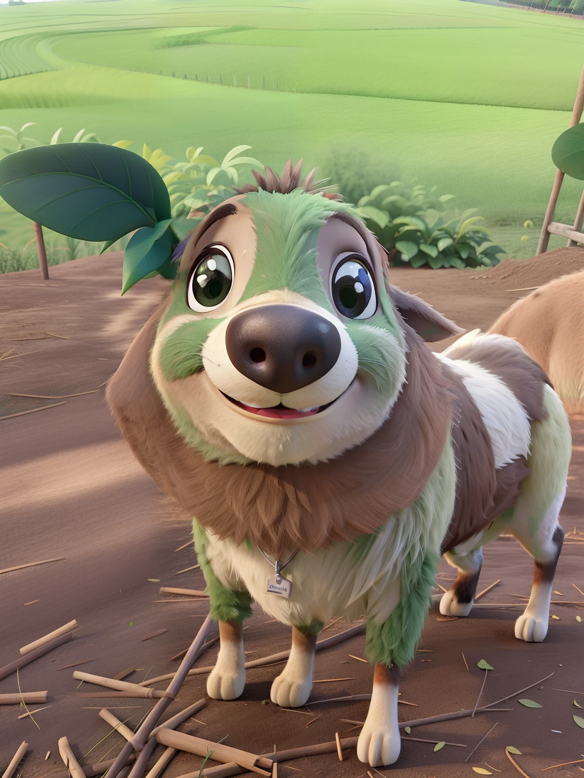 Um bode sorrindo em um pasto verde com varios outros animais de fazenda