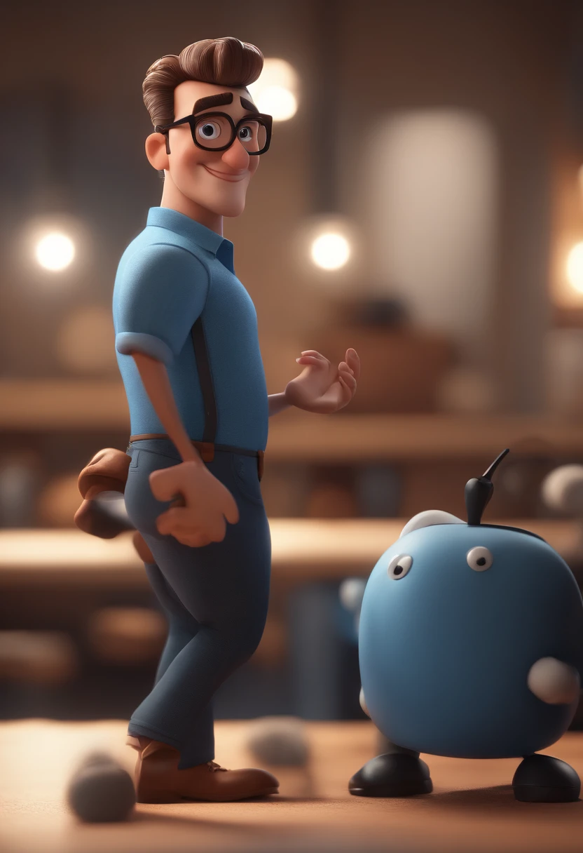 Cartoon character of a man with black glasses and a blue shirt, animation character, Caractere estilizado, animation style rendering, 3D estilizado, Arnold Maya render, 3 d render stylized, toon render keyshot, Personagem 3D, Personagem 3D, 3d rendering stylized, 3 d character render, personagem de desenho animado, Personagem de close up, Pose de personagem, (Estilo Pixar) (master part:1.2) (Bokeh) (best quality) (pele detalhada) (textura detalhada) (8k) (argila) (Cinematic lighting) (foco nítido