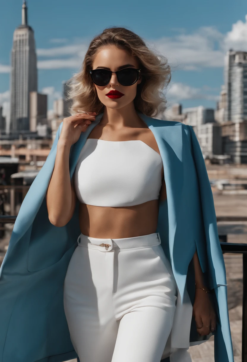 Sam o,, 1girl, bicho, bicho no ombro, bird, Black frame glasses, olhos negros, cabelos pretos, blue skies, Cityscape, clear sky, casaco, dia, Brincos, hanging glasses, glasses removed, casaco de pele, suit jacket, jewelries, cabelos longos, olhando para o lado, ao ar livre, linhas de energia, red lips, heaven, sorrir, neve, sozinho, sun glasses, Whitebird, Avental branco, inverno, roupas de inverno, , ((master part))