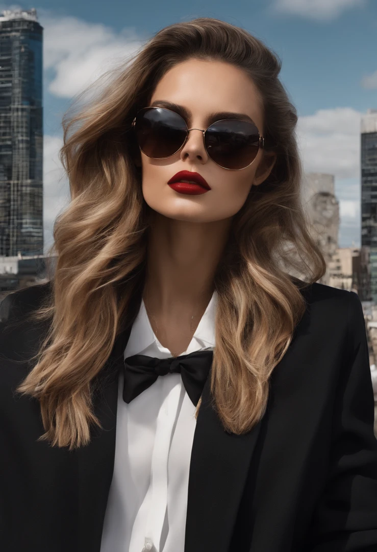 Sam o,, 1girl, bicho, bicho no ombro, bird, Black frame glasses, olhos negros, cabelos pretos, blue skies, Cityscape, clear sky, casaco, dia, Brincos, hanging glasses, glasses removed, casaco de pele, suit jacket, jewelries, cabelos longos, olhando para o lado, ao ar livre, linhas de energia, red lips, heaven, sorrir, neve, sozinho, sun glasses, Whitebird, Avental branco, inverno, roupas de inverno, , ((master part))