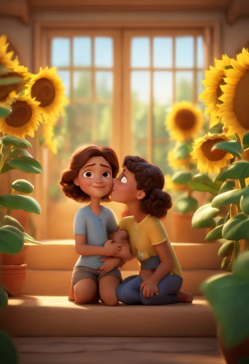 Create a Disney PIXAR-style 3D poster. ((centro da imagem, Primos)), ((1 young person and 2 children)) ((1 menina no meio e 1 jovem e 1 menino menor ao lado, They're hugging each other, O jovem tem pele clara e cabelos castanhos e olhos castanhos, a menina pele clara, olhos e cabelos castanhos, e o menino tem pele clara, olhos claros e cabelos claro e ondulado)) ((tudo isso no estilo Disney PIXAR 3D, In the background, A house of sunflowers, Gloria Studio, The garden is full of nature 3D render RTX clay material, estilo de design cartunesco, POP Mart, soft lighting, linhas suaves, Spring tilt, Detailed illustrations of PIXAR 3D, Detalhes hiper-realistas, cor quente no estilo Disney PIXAR 3D))