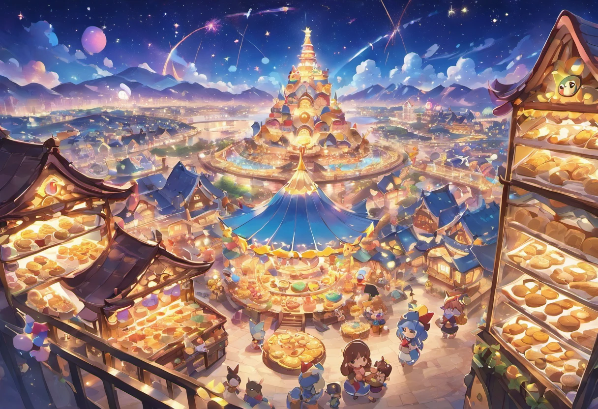 Night view of the land of sweets、The dynamic and expansive cityscape can be seen far into the distance、A gaze looking up from the bottom of the slope、Fantastic atmosphere、Watching from a distance、A house made of cookies has a chocolate roof、Rides made of candy、Table made of chocolate、A sparkling world、top-quality、masterpiece、night landscape、A city illuminated by street lamps、Be overwhelmed by the powerful cityscape、You can see the Ferris wheel in the distance、Fireworks are going off、Cotton candy cloud、Cityscape illuminated by moonlit night、Twinkling Stars、Mixed Juice Lakes、Detailed building window frames and even cookies、