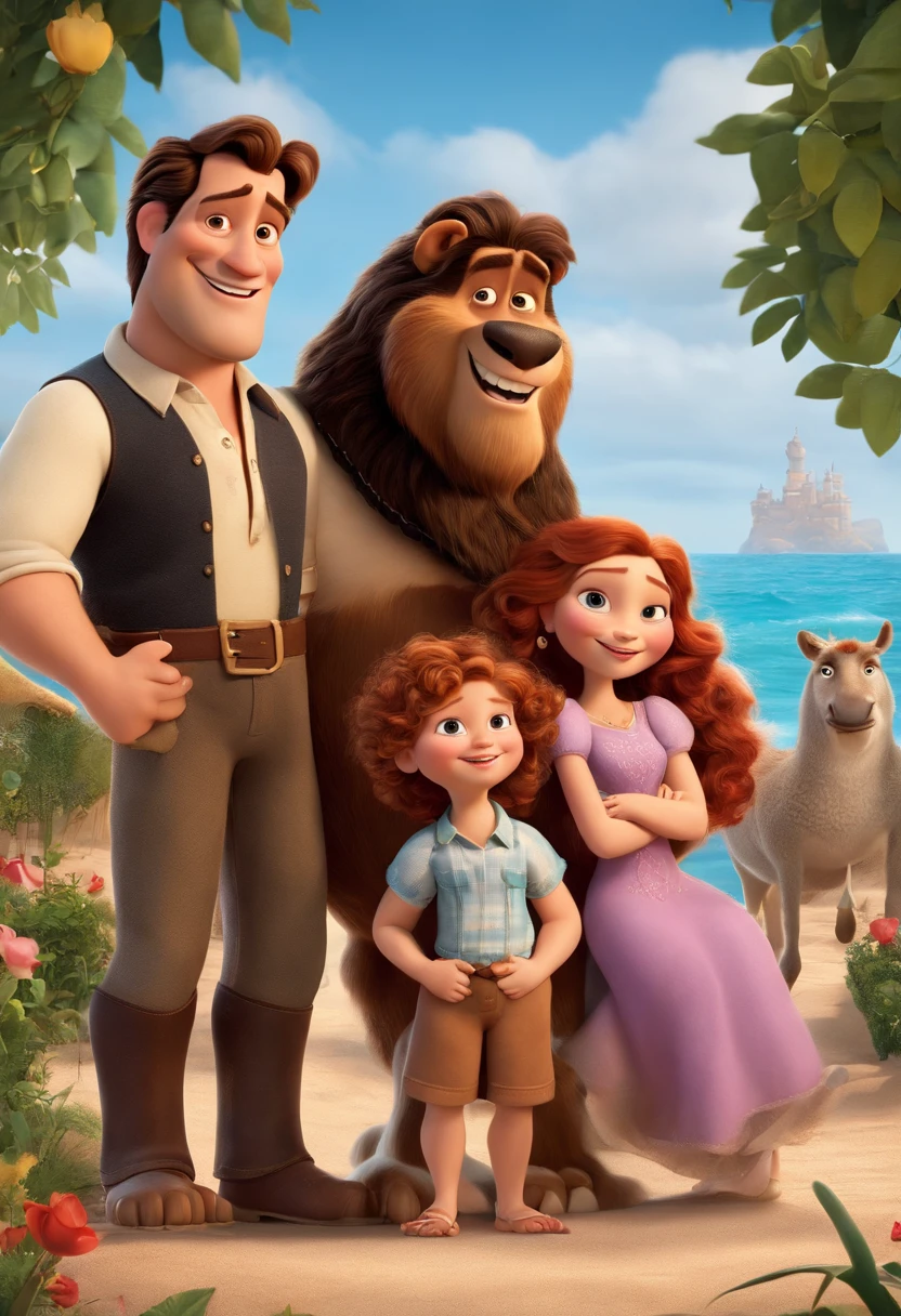 a Disney Pixar movie poster showing a white-skinned family. The father is the tallest, Tem barba curta, loiro, cabelos curtos e espinhosos. The mother has brown eyes and hair, shoulder-length and is slightly overweight. A menina tem 4 anos e cabelos castanhos, roupa rosa e rabos de cavalo. The background is a beach garden. 3D-rendering