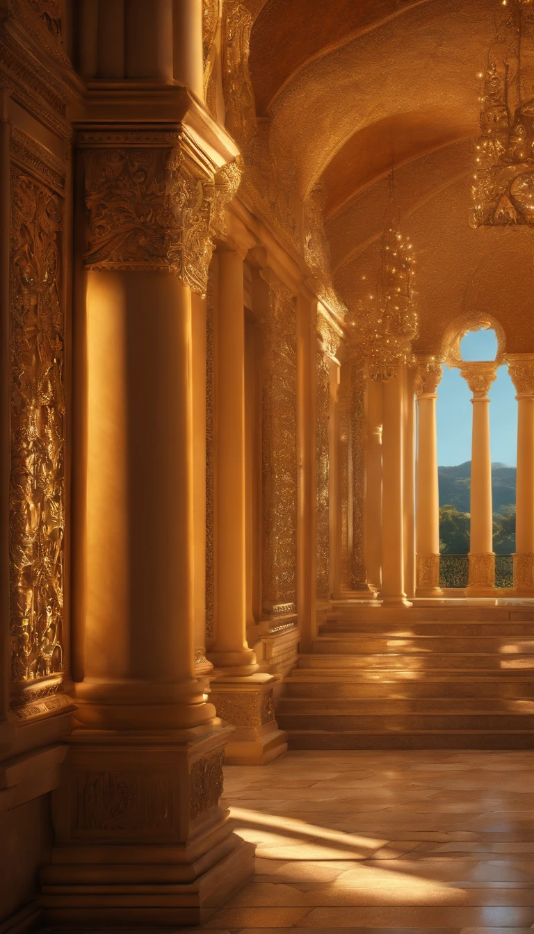 (highres,physically-based rendering), coroa dourada, trono ornamentado, jardins suspensos, muralhas imponentes, elaborate architectural details, oil-painting, luz suave, cores ricas e vibrantes, atmosfera majestosa.