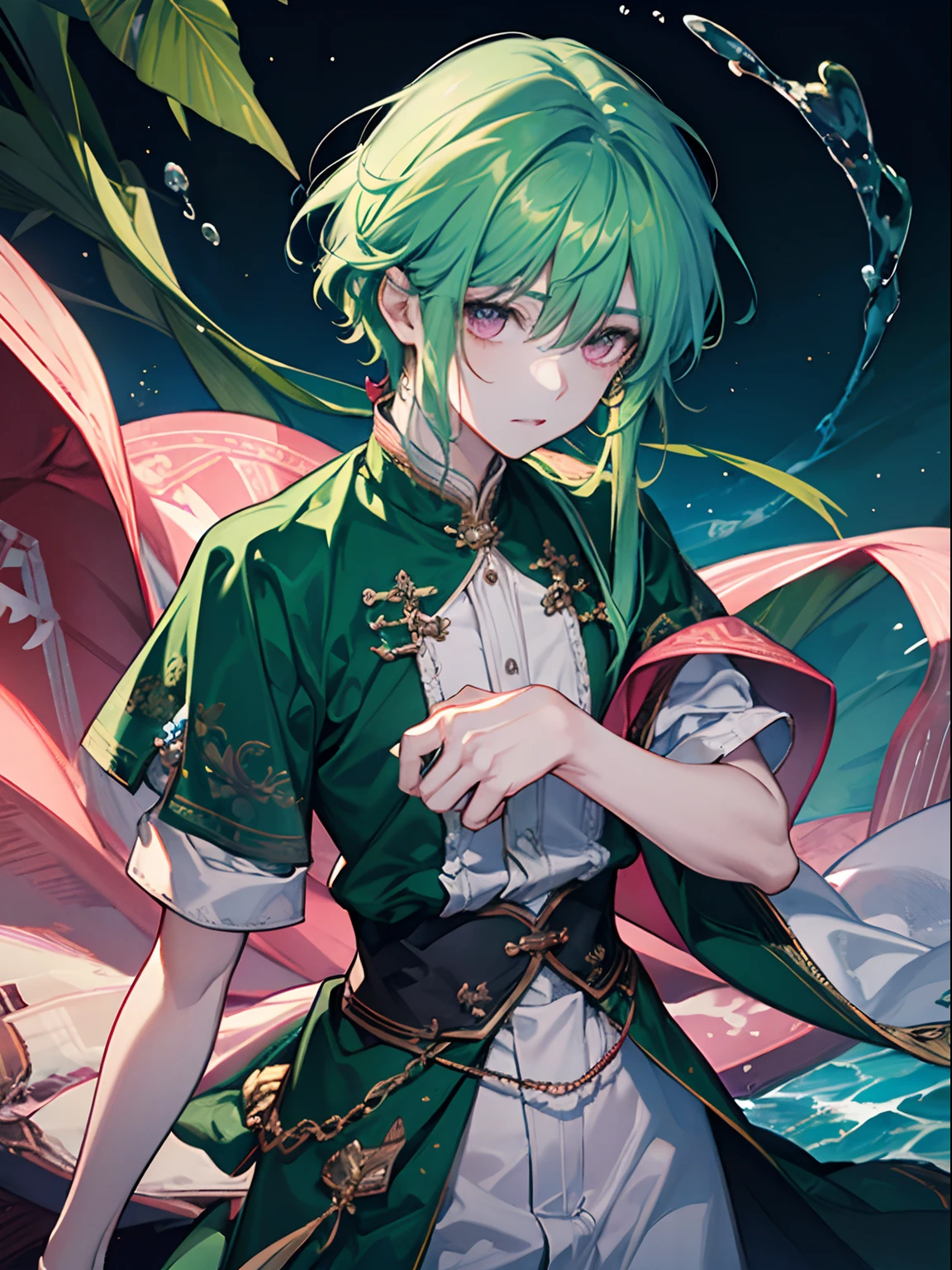 high-level image quality、male in his 20s、green colored hair、Pink eyes、Immerse your body in water、Clothes also get wet、Expression of melancholy
