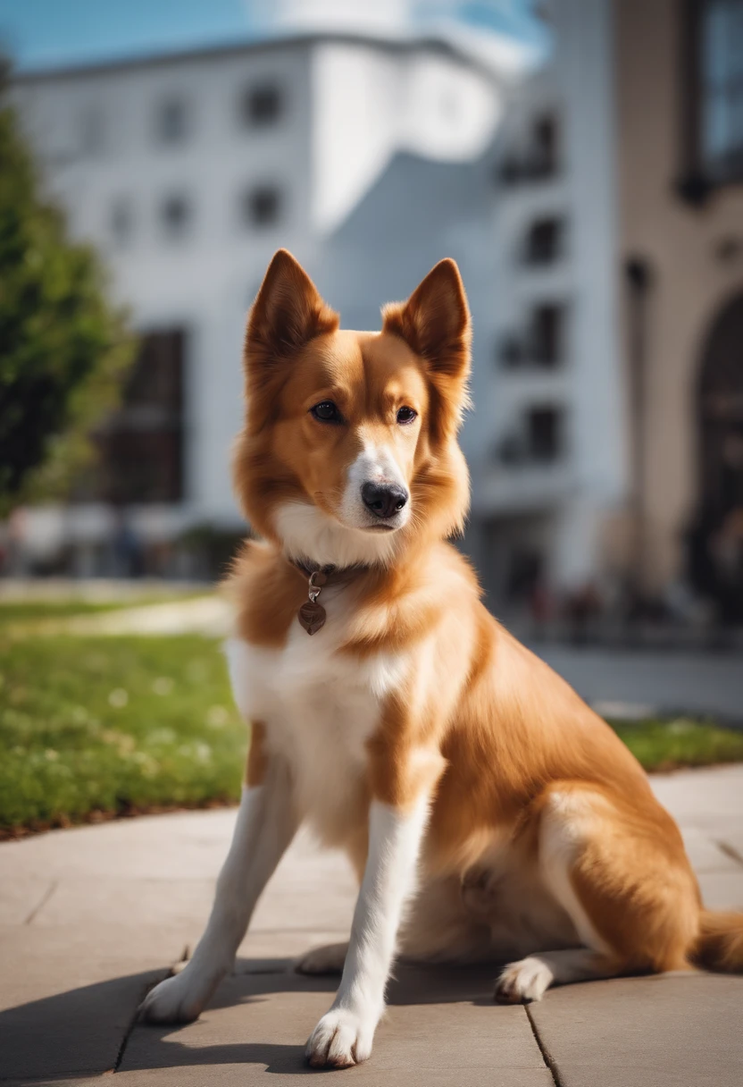 Anime-style photo of a dog sitting on the sidewalk in front of the building, arte digital detalhada bonito, cachorro branco. Imagem em alta qualidade