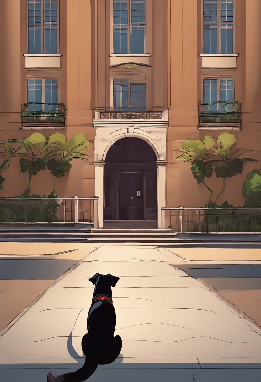 Anime-style photo of a dog sitting on the sidewalk in front of the building, arte digital detalhada bonito, cachorro branco. Imagem em alta qualidade