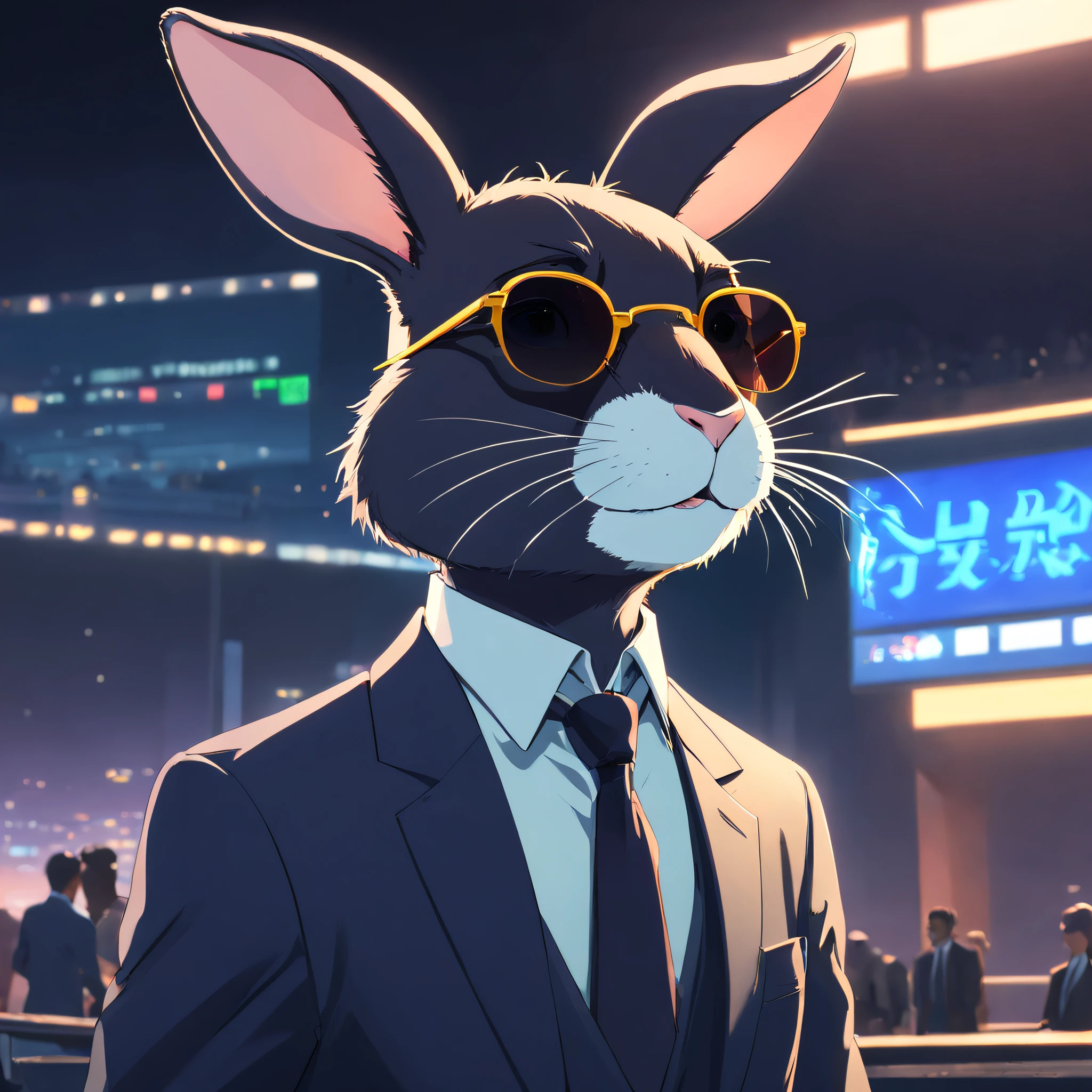 Artistic rendering of rabbit, black rabbit ,business suit and sunglasses gangster, dark background, Rendered in 8K hyperrealism.