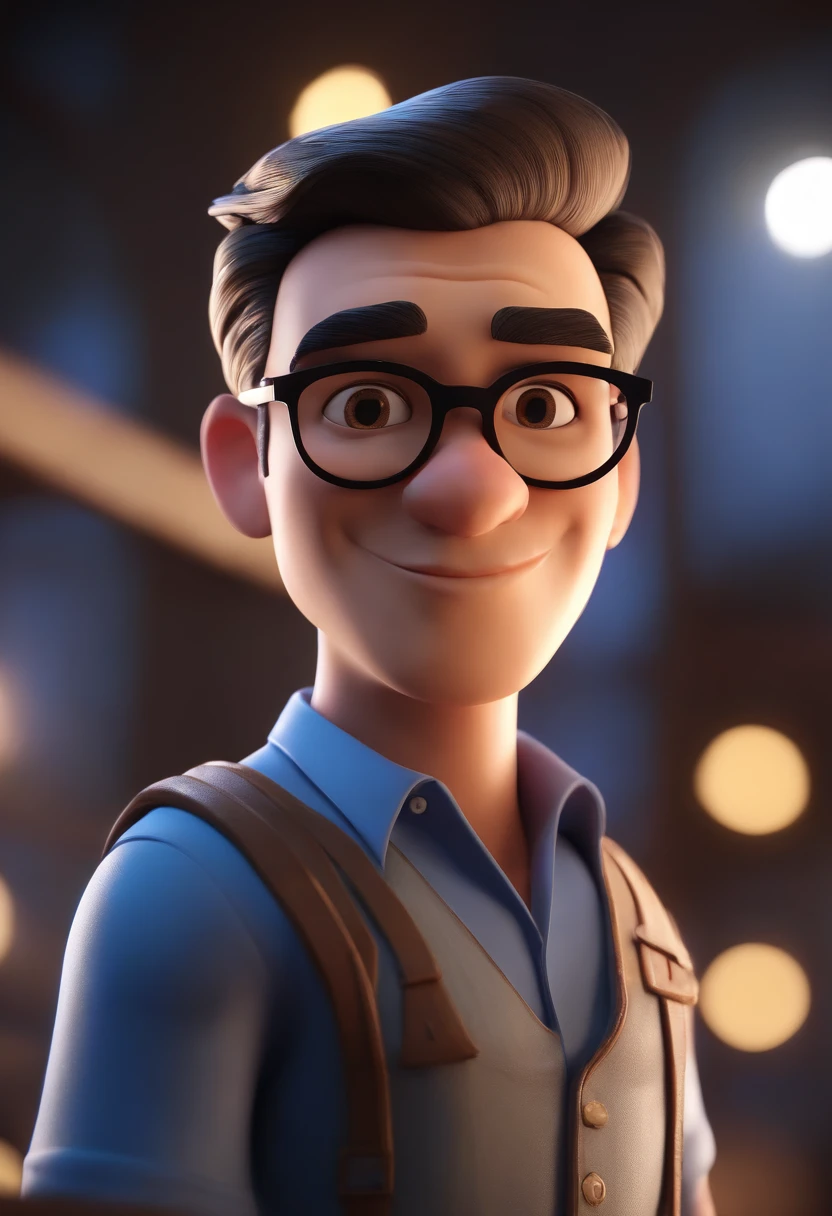 Cartoon character of a man wearing black glasses and a blue shirt, um personagem animado, Caractere estilizado, animation style rendering, 3D estilizado, Arnold Maya render, 3 d render stylized, toon render keyshot, Personagem 3D, Personagem 3D, 3d rendering stylized, 3 d character render, personagem de desenho animado, Personagem de close up, Pose de personagem, (Estilo Pixar) (master part:1.2) (Bokeh) (best quality) (pele detalhada) (textura detalhada) (8k) (argila) (Cinematic lighting) (foco nítido，Senta e vaza a parte superior do corpo