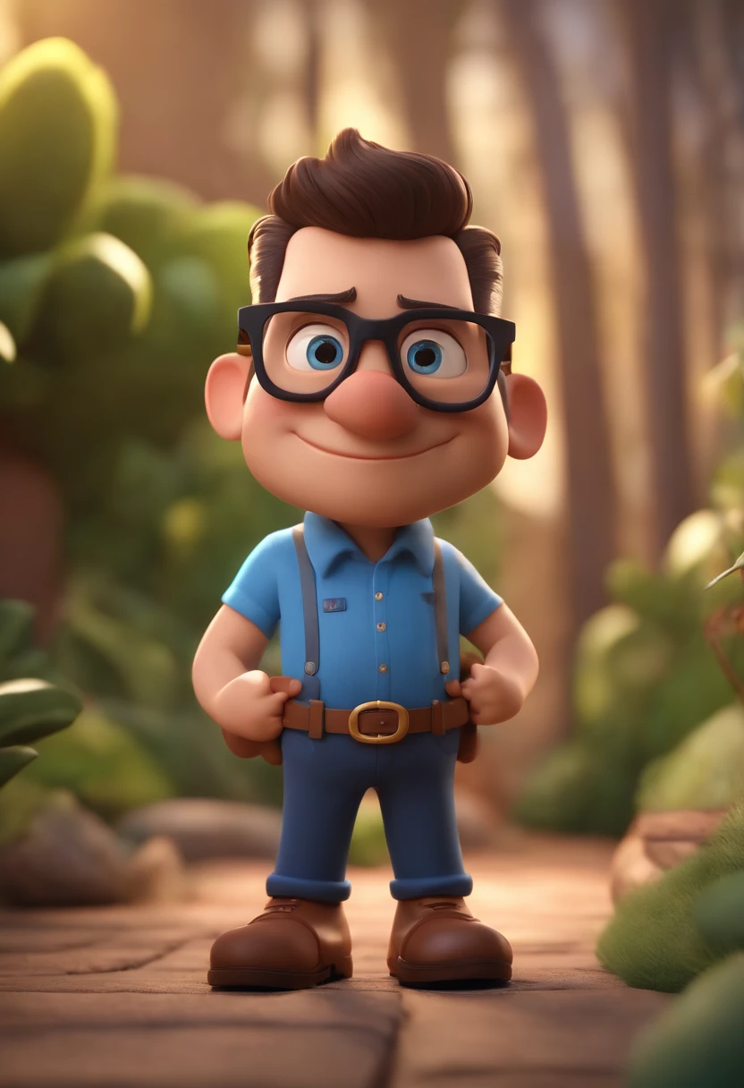 Cartoon character of a man wearing black glasses and a blue shirt, um personagem animado, Caractere estilizado, animation style rendering, 3D estilizado, Arnold Maya render, 3 d render stylized, toon render keyshot, Personagem 3D, Personagem 3D, 3d rendering stylized, 3 d character render, personagem de desenho animado, Personagem de close up, Pose de personagem, (Estilo Pixar) (master part:1.2) (Bokeh) (best quality) (pele detalhada) (textura detalhada) (8k) (argila) (Cinematic lighting) (foco nítido，Senta e vaza a parte superior do corpo