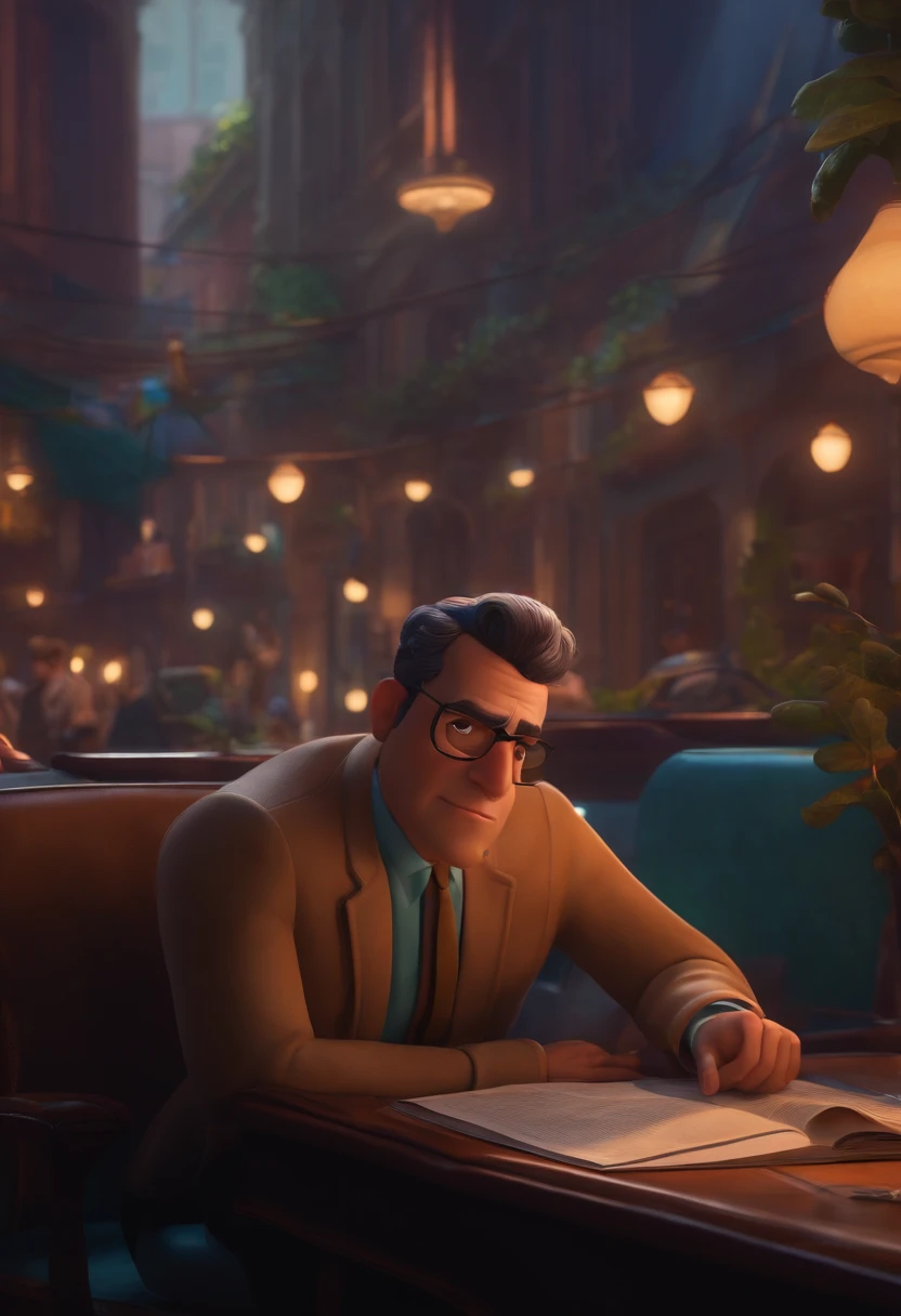 A city councilman looking at a dream project inspired by Pixar animation, de perto. The character takes center stage with captivating facial expressions, oferecendo um toque de irrealidade
