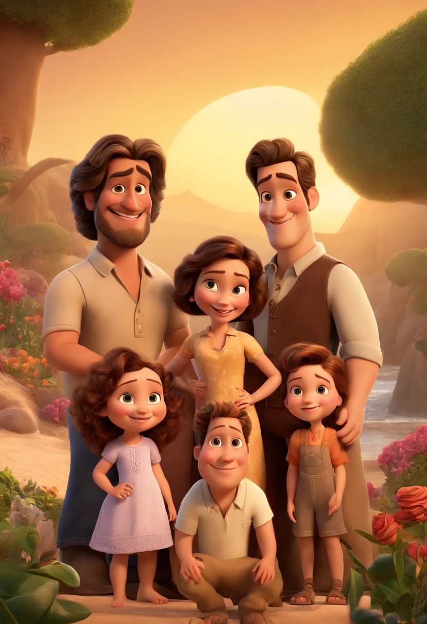 a Disney Pixar movie poster showing a white-skinned family. The father is the tallest, Tem barba curta, loiro, cabelos curtos e espinhosos. The mother has brown eyes and hair, shoulder-length and is slightly overweight. A menina tem 4 anos e cabelos castanhos, roupa rosa e rabos de cavalo. The background is a beach garden. 3D-rendering