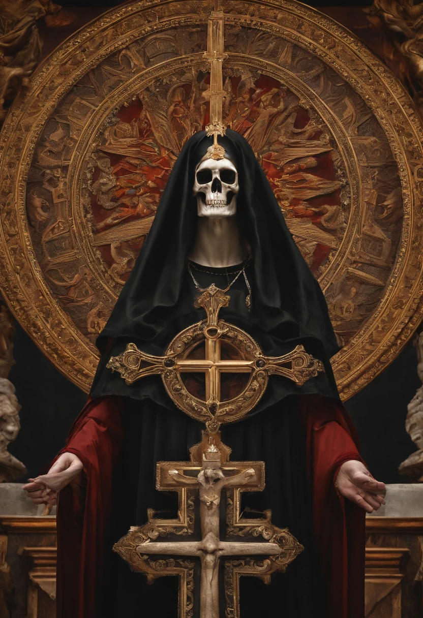 Guardian of the burning church with Goat skull with inverted cross on forehead with black tunic with inverted crosses by clothing, manchas de sangue espalhada pelo corpo,