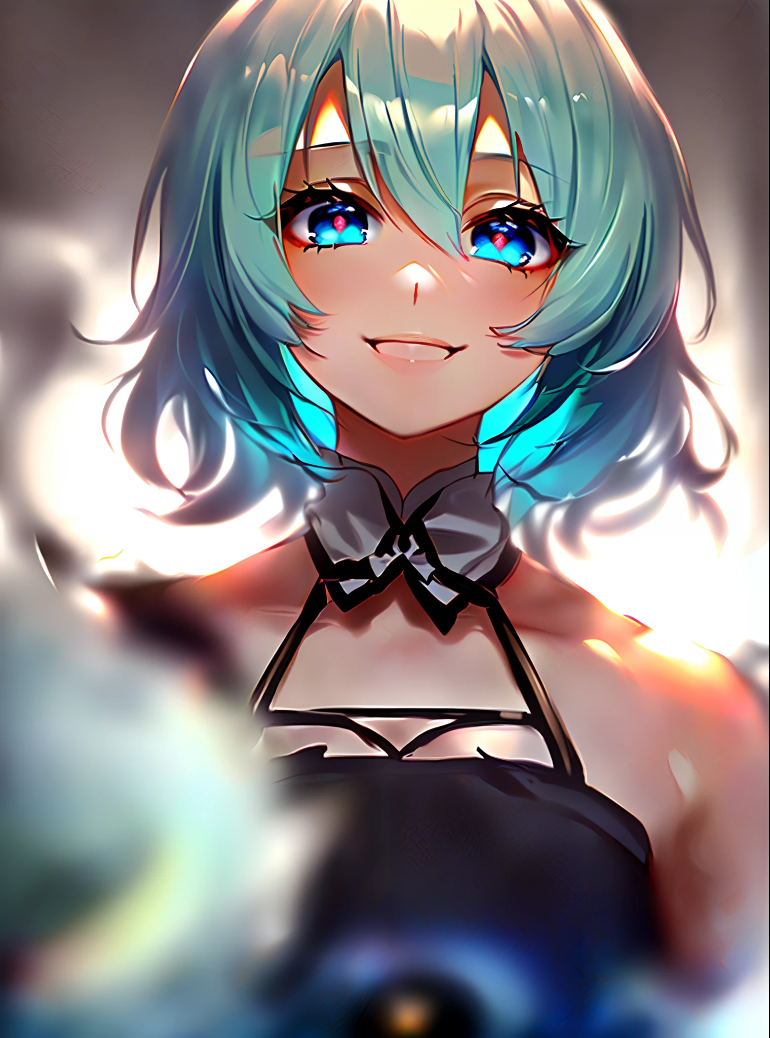 Lavender color hair, short hair, fluffy hair, cyan eyes, white sclera, kind, delicate, smiling