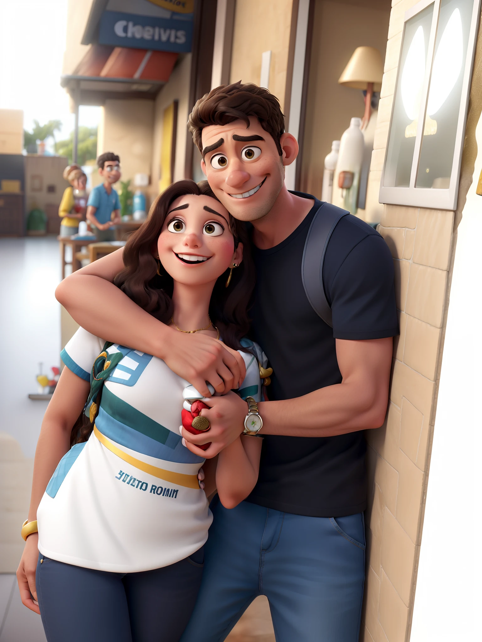 um casal marrom, ambos maiores ou -18 anos, both wearing a silver wedding band, The woman is wearing braces, ambos com cabelos pretos, The man is wearing a square blue smartwatch and a gold necklace inside a black shirt, The woman is wearing a reggae-colored bracelet and they are both holding a glass of milkshake whil Pixar Style Poster