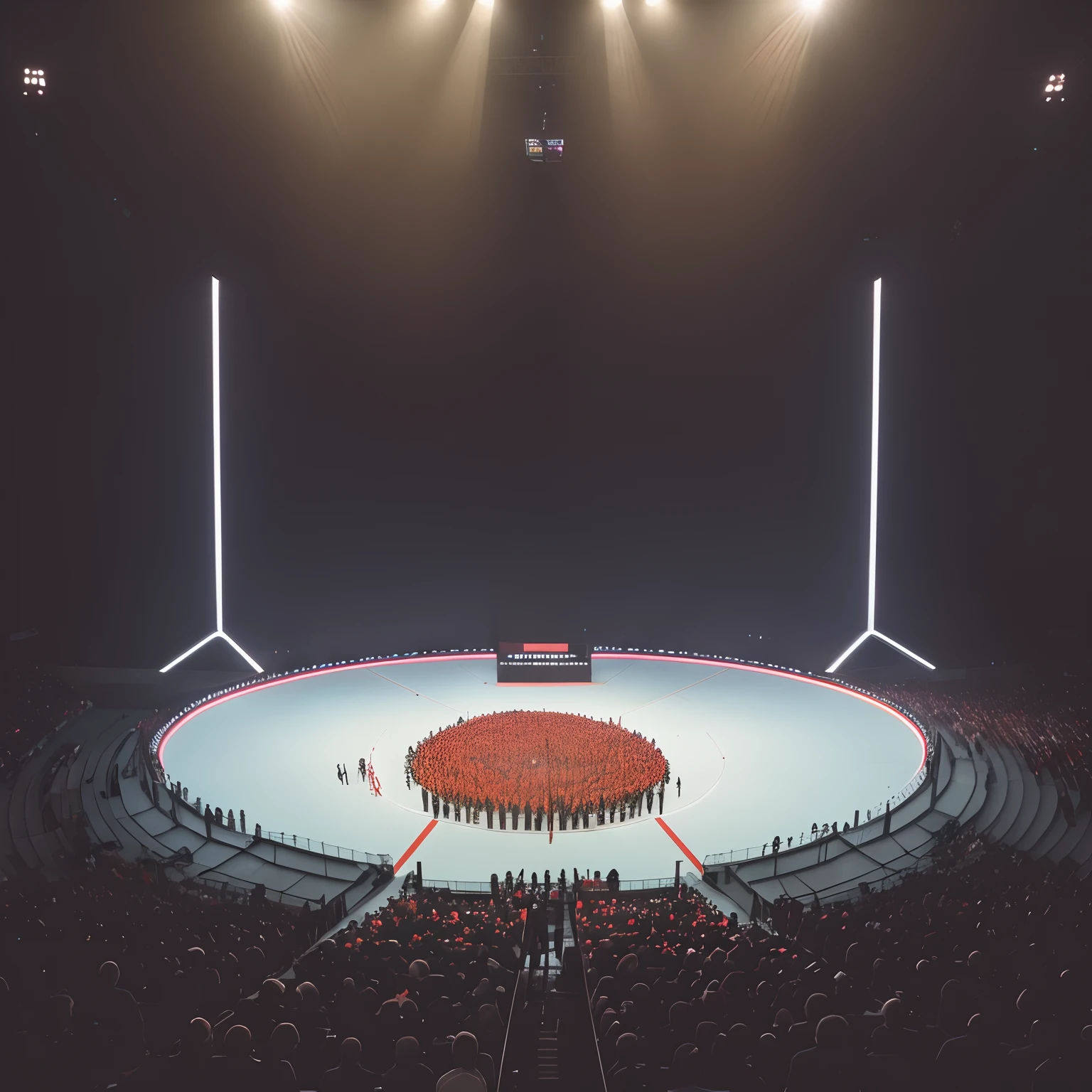 Ararfed view of a stage with a large crowd of people, um palco vazio de cima, Telas LED vermelhas gigantes, giant video screens, Tecidos LED gigantes, grande piso aberto 8 k, epic wide shot, vista completa para o quarto, completamente vazio, Tiroteio com drone, tiro grande angular de cima, standing in an arena, epic lighting from above