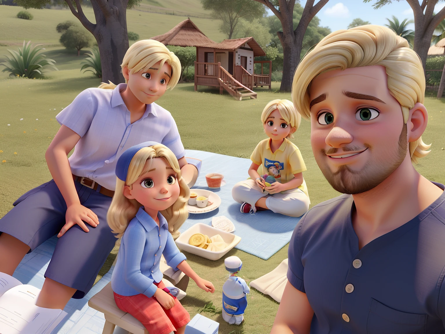 Familia em um piquenique, Mom is blonde, a de 2 anos tem cabelo loiro escuro, o meninoanos tem o cabelo loiro claro, o pai tem uma barba cerrada com tona ruivos e pretos qualidade alta