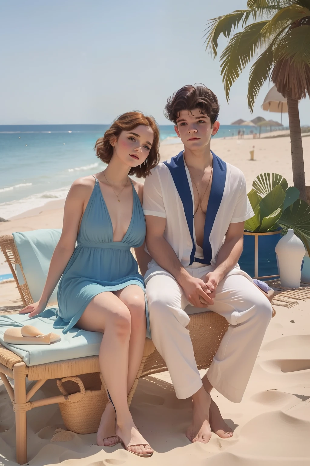 year: 2023. Location: Greece. Pre-Raphaelite scene with a 30-year-old Emma Watson, (((with Edward Bluemel))), ((happy)) couple, ((luxury resort)), ((((beach clothing from the 2020s)))) ((short Hairstyle of the 2020s)), ((("OMITB" cinematography)))