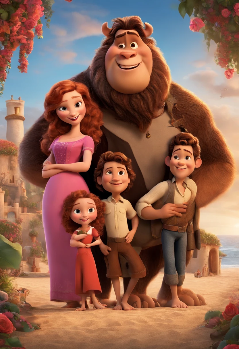 a Disney Pixar movie poster showing a white-skinned family. The father is the tallest, Tem barba curta, loiro, cabelos curtos e espinhosos. The mother has brown eyes and hair, shoulder-length and is slightly overweight. A menina tem 4 anos e cabelos castanhos, roupa rosa e rabos de cavalo. The background is a beach garden. 3D-rendering