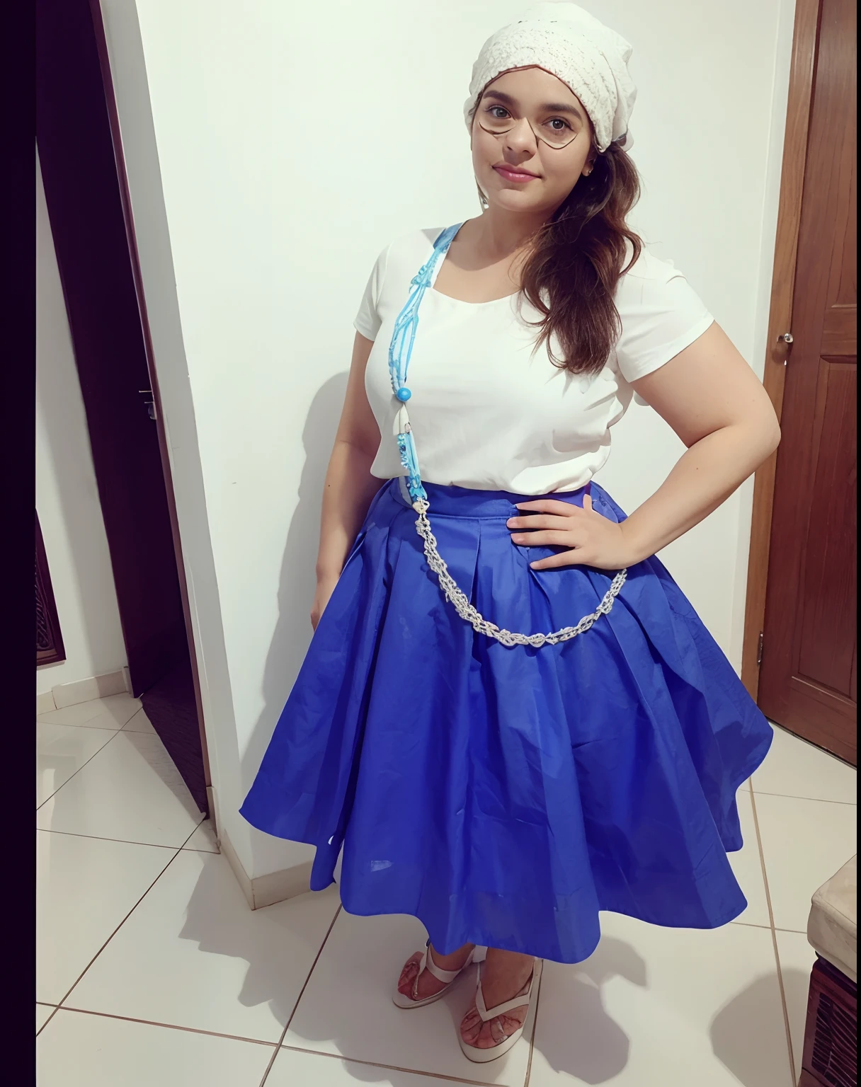 Person dressed in white blouse blue skirt Yemanjá