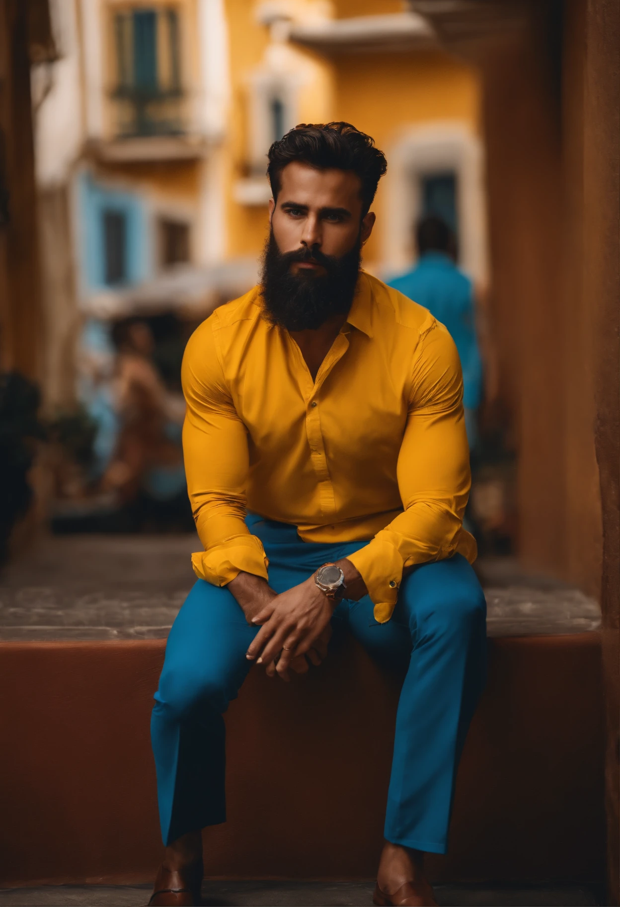 Homem alto com barba baixa pardo,nariz afinado grande com camisa vermelha bermuda azul com laterais em amarelo