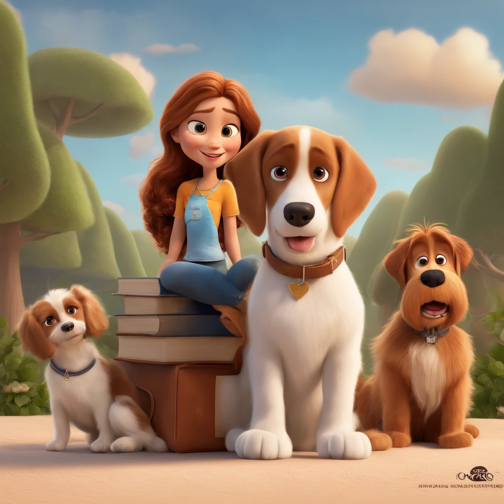 fundo branco, pixar desenhos animados 3D,  de cabelo cacheado castanho na altura do ombro vestindo uma camiseta listrada na vertical perto e branca com um cachorro beagle marrom e branco lendo um livro, ::estilo pixar cartoon