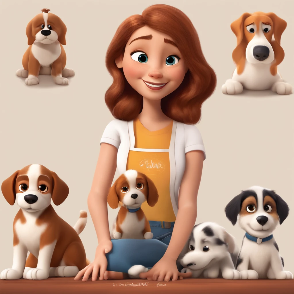 fundo branco, pixar desenhos animados 3D, de cabelo cacheado castanho na altura do ombro vestindo uma camiseta listrada na vertical perto e branca com um cachorro beagle marrom e branco lendo um livro, ::estilo pixar cartoon