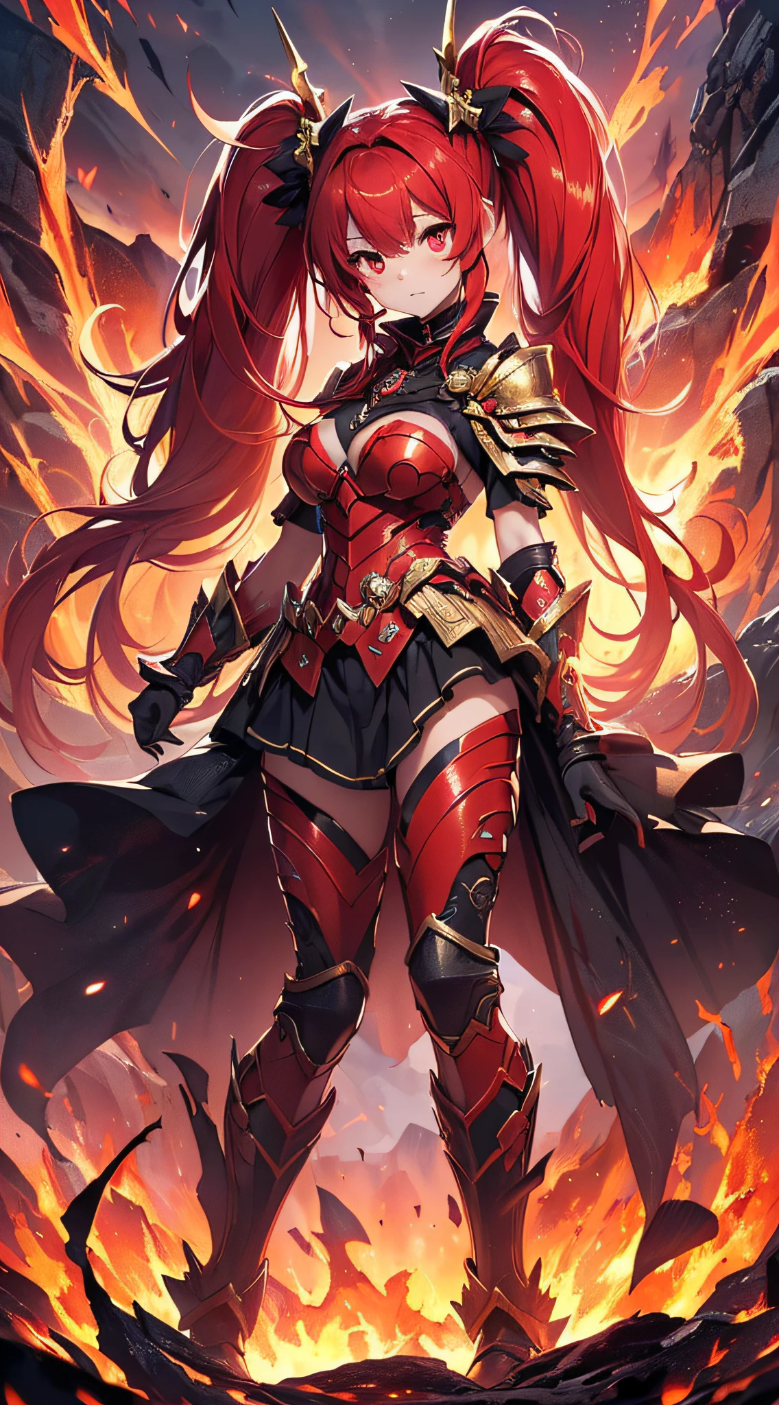 top-quality、Top image quality、masterpiece、girl with((20yr old、Best Bust、big bast、Bust 85,Red Eyes、Breasts wide open,Long twin tails with glowing red hair、A slender、Large valleys、Red dress、Red Magma Armor,Reflecting the whole body、Glowing Red Greatsword、High Heat Chain Accessories))、hiquality、Beautiful Art、Background with((Red sky、lava、the magma、Erupted volcanoes、Meteorites falling from the sky、Meteor))、masutepiece、visualart、depth of fields、