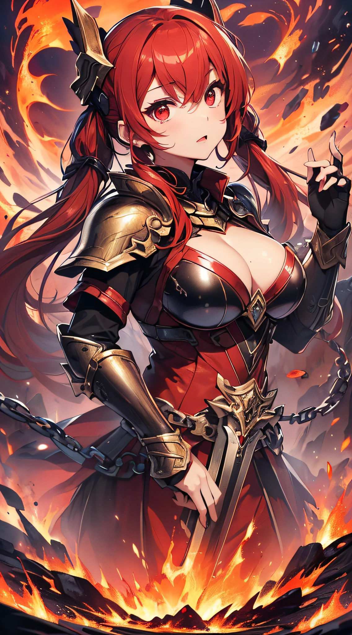 top-quality、Top image quality、masterpiece、girl with((20yr old、Best Bust、big bast、Bust 85,Red Eyes、Breasts wide open,Long twin tails with glowing red hair、A slender、Large valleys、Red dress、Red Magma Armor,Reflecting the whole body、Glowing Red Greatsword、High Heat Chain Accessories))、hiquality、Beautiful Art、Background with((Red sky、lava、the magma、Erupted volcanoes、Meteorites falling from the sky、Meteor))、masutepiece、visualart、depth of fields、