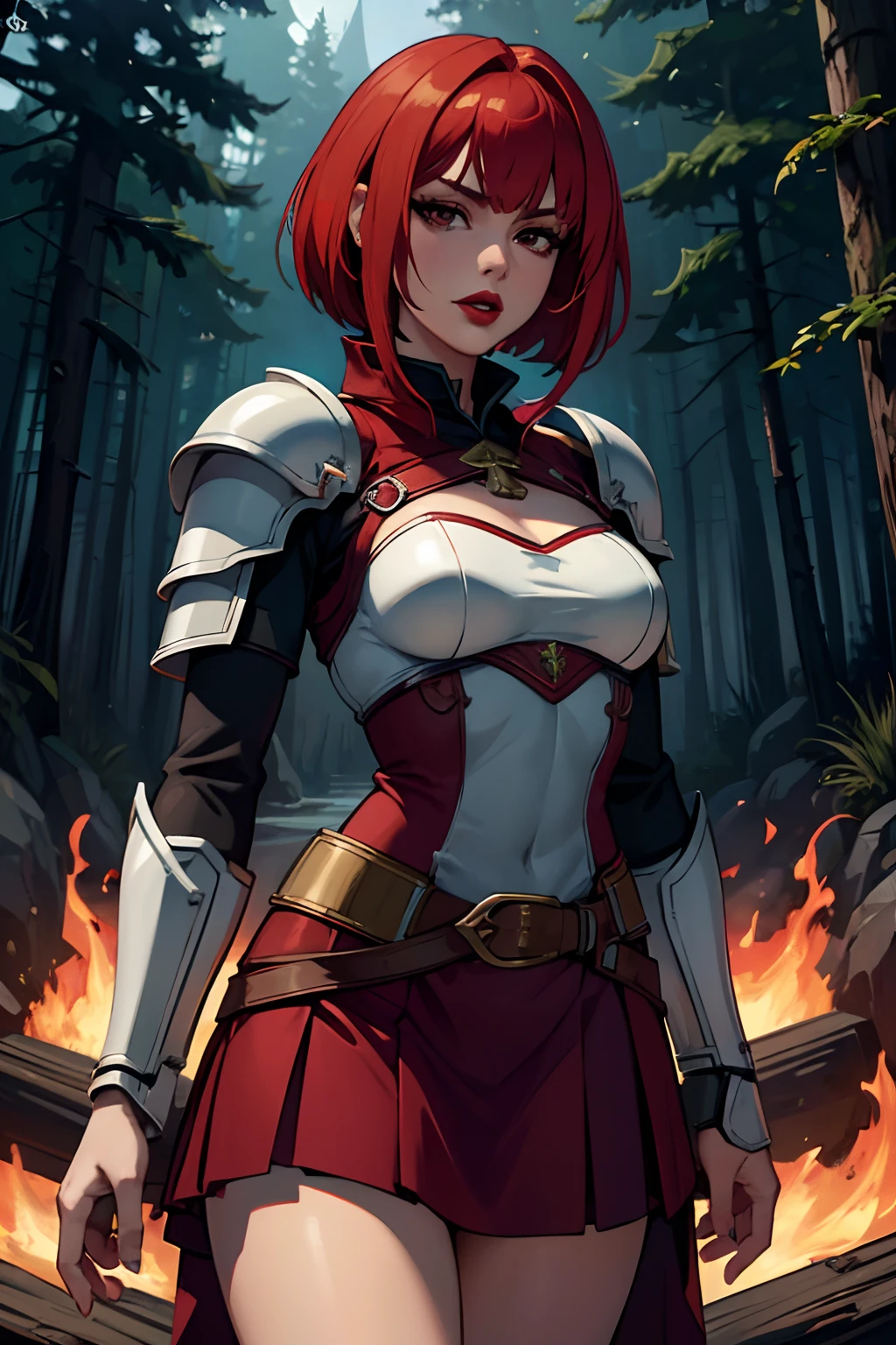 high detailed, 8k, highres, 1girl, solo, forest, fantasy, healer, adventurer, light armor, armor, scarlet hair, bob cut, ((dark red lips)), black eyes, evil, mean, sadistic, small breasts, skirt