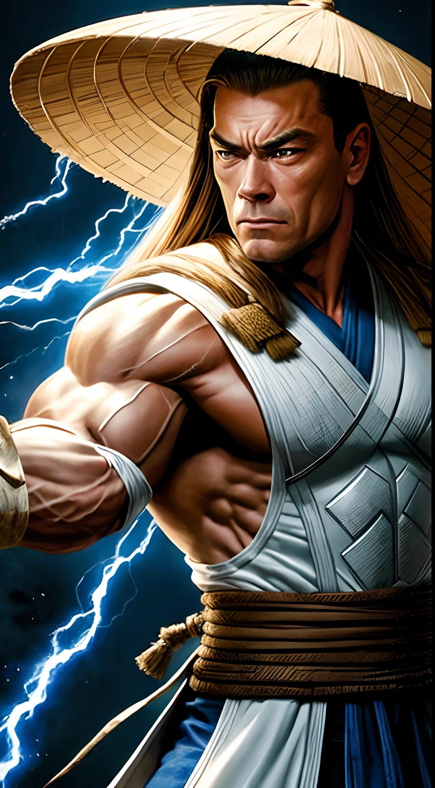 ator ((Van Damme)) como Raiden, Kombat mortal, wears white robe, A Vietnamese hat, olhos azuis brilhantes, maneja a equipe, god of thunder, protetor do Earthrealm, intrincado, High detail, foco nítido, Dramatic, arte de pintura fotorrealista por greg Rutkowski