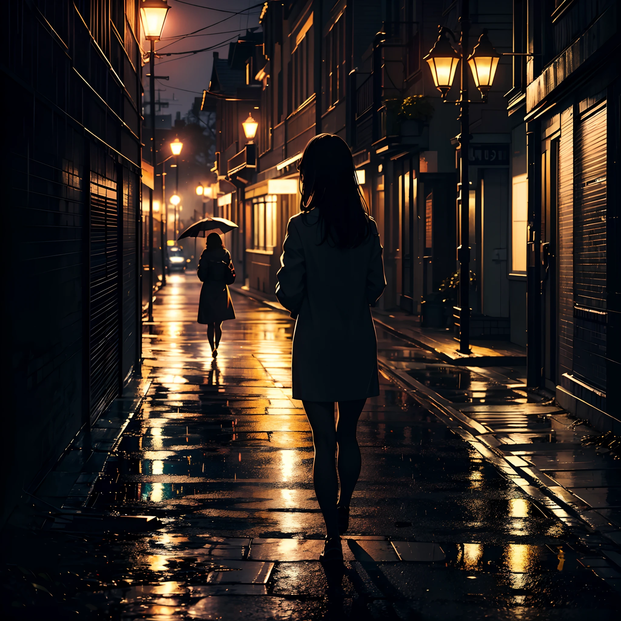 A heartbroken woman walks down the sidewalk in the night rain. Headlights illuminating the dark roadway shine on her, casting a large shadow on the wall of a building. (Best quality), (masterpiece:1.3), ultra-detailed, sharp shadows, great detail, depth of field, super detailed background, out-of-focus look