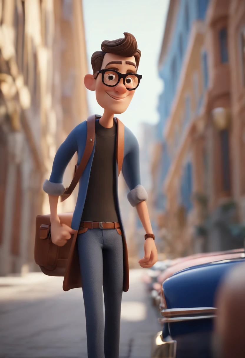 Cartoon character of a man wearing black glasses and a blue shirt, um personagem animado, Caractere estilizado, animation style rendering, 3D estilizado, Arnold Maya render, 3 d render stylized, toon render keyshot, Personagem 3D, Personagem 3D, 3d rendering stylized, 3 d character render, personagem de desenho animado, Personagem de close up, Pose de personagem, (Estilo Pixar) (master part:1.2) (Bokeh) (best quality) (pele detalhada) (textura detalhada) (8k) (argila) (Cinematic lighting) (foco nítido,Senta e vaza a parte superior do corpo