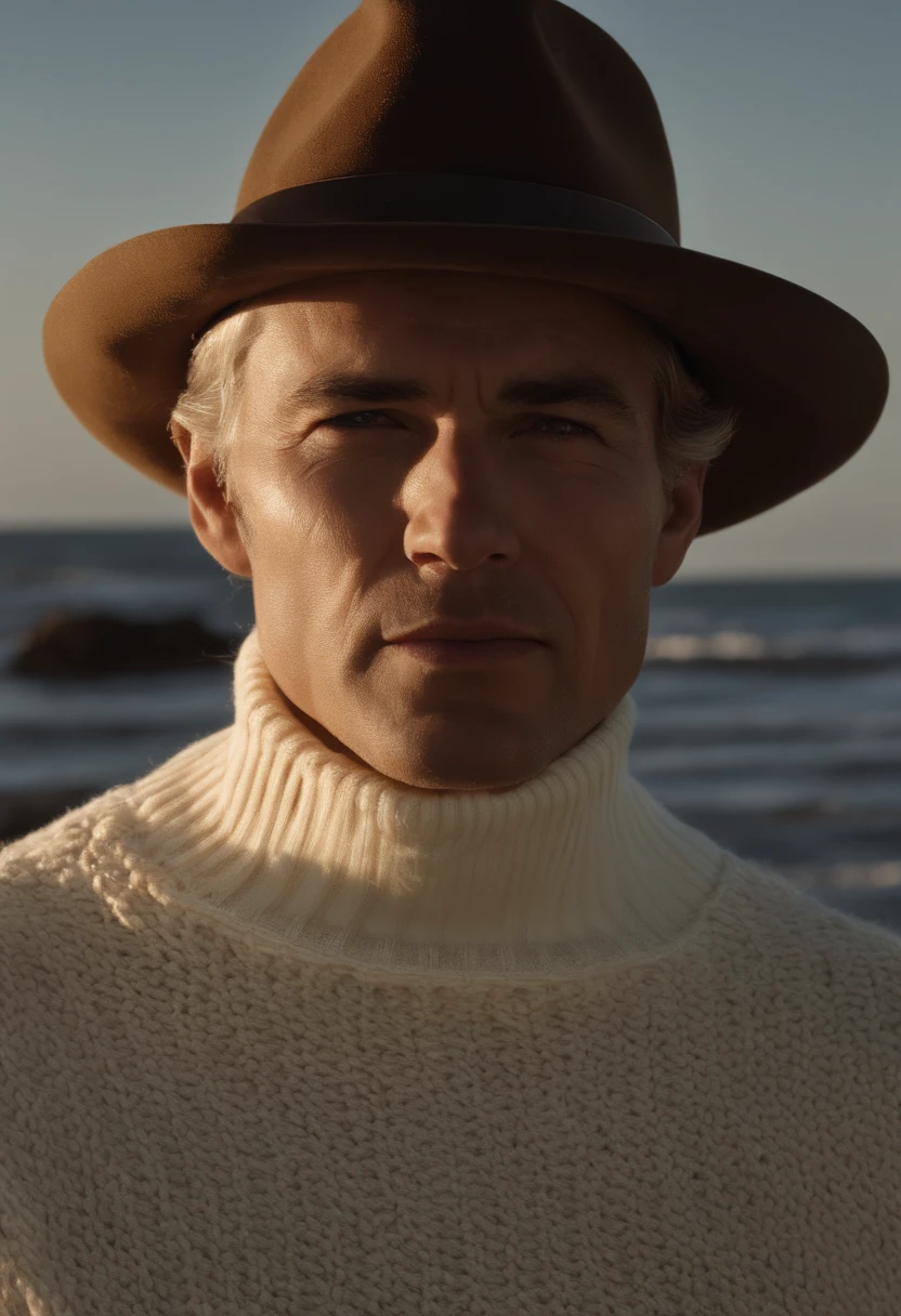 retrato do rosto de um acidentado (Velho Pescador:1.3), (foco facial:1.5), (tempestade:1.2), (Ondas:1.3), oceano, (Fundo do farol:1.3), (cowboy shot:1.4), (white turtleneck knitted sweater:1.3), Olhando para o Viewer, Realistic, master part, extremely high quality, Backlighting, (Reflexo da lente:1.1), (florescer:1.1), (chromatic aberration:1.1), Directed by: Jeremy Lipking, Directed by: Antonio J. Manzanedo, pintura digital