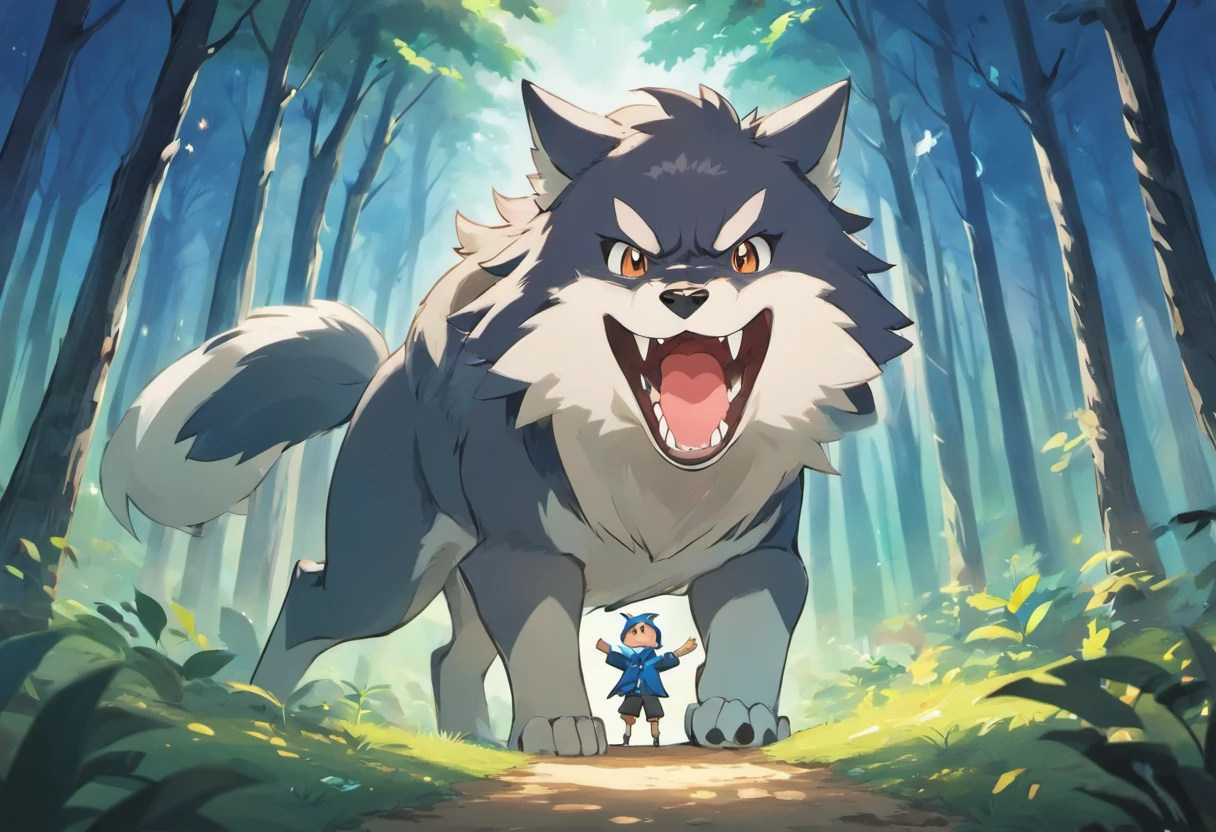 A large wolf raises his hands and opens his big mouth to threaten the boy、Frightened boy、in the woods at night、fantastic landscape、top-quality、masterpiece、