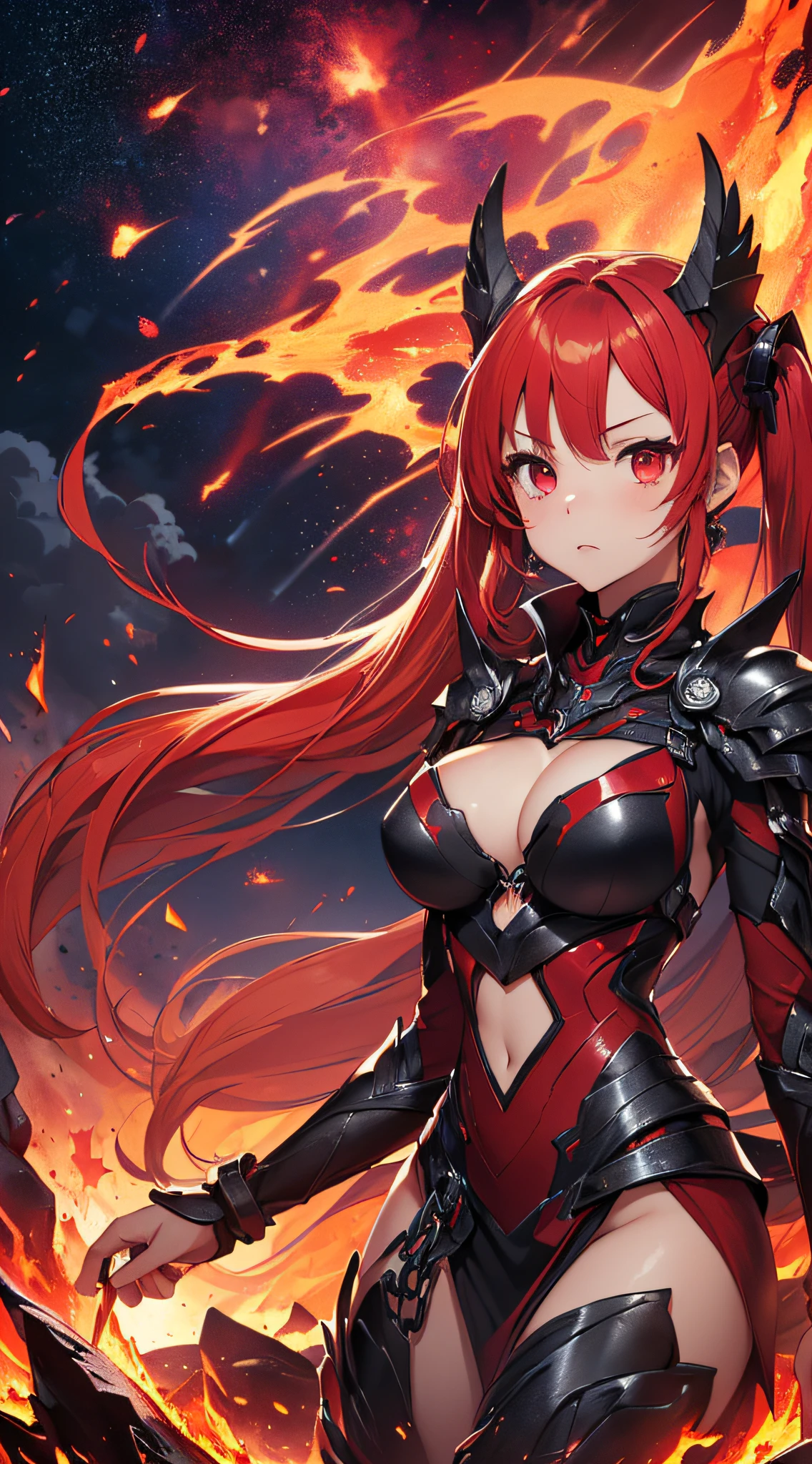 top-quality、Top image quality、masterpiece、girl with((20yr old、Best Bust、big bast、Bust 85,Red Eyes、Breasts wide open,Long twin tails with glowing red hair、A slender、Large valleys、Red dress、Red Magma Armor,Reflecting the whole body、Glowing Red Greatsword、High Heat Chain Accessories,Tsundere))、hiquality、Beautiful Art、Background with((Red sky、lava、the magma、Erupted volcanoes、Meteorites falling from the sky、Meteor))、masutepiece、visualart、depth of fields、