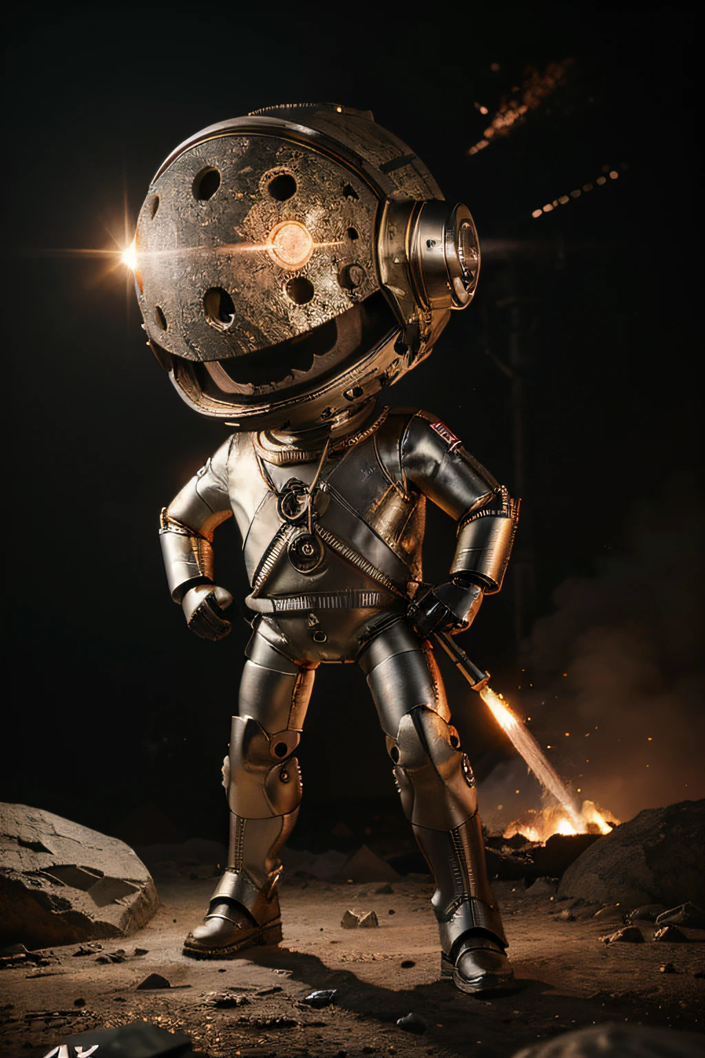 A toon Crazy whit a Big ONE a Only Eye Robot CCCP Soviet, and helmet Style, tongs in hands, Tv head, pinhead, camouflage Gold Silver Pink Rusty, Ambient in a meteorite crater super detailed, center, beautiful, soft lighting, focused on the character, 4K resolution, photorealistic rendering,