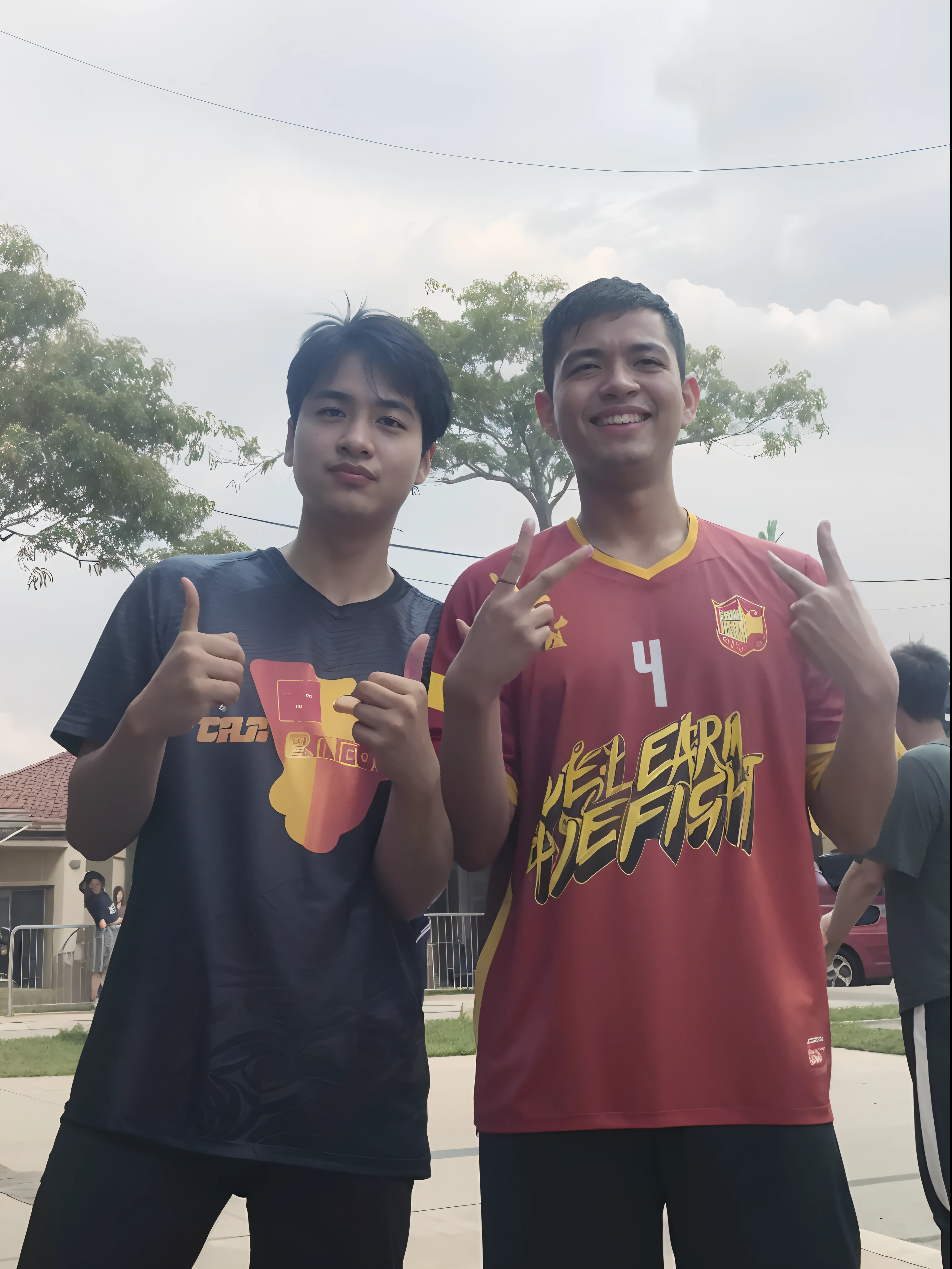 two young men standing next to each other on a street, ruan jia and brom, wining, hidari and vlop, scandy and arender, foto, pablo carpio and jordan grimmer, dribble contest winner, happy friend, wide portrait, with wart, non blurry, wearing basketball jersey, john picacio and brom, wearing a volleyball jersey