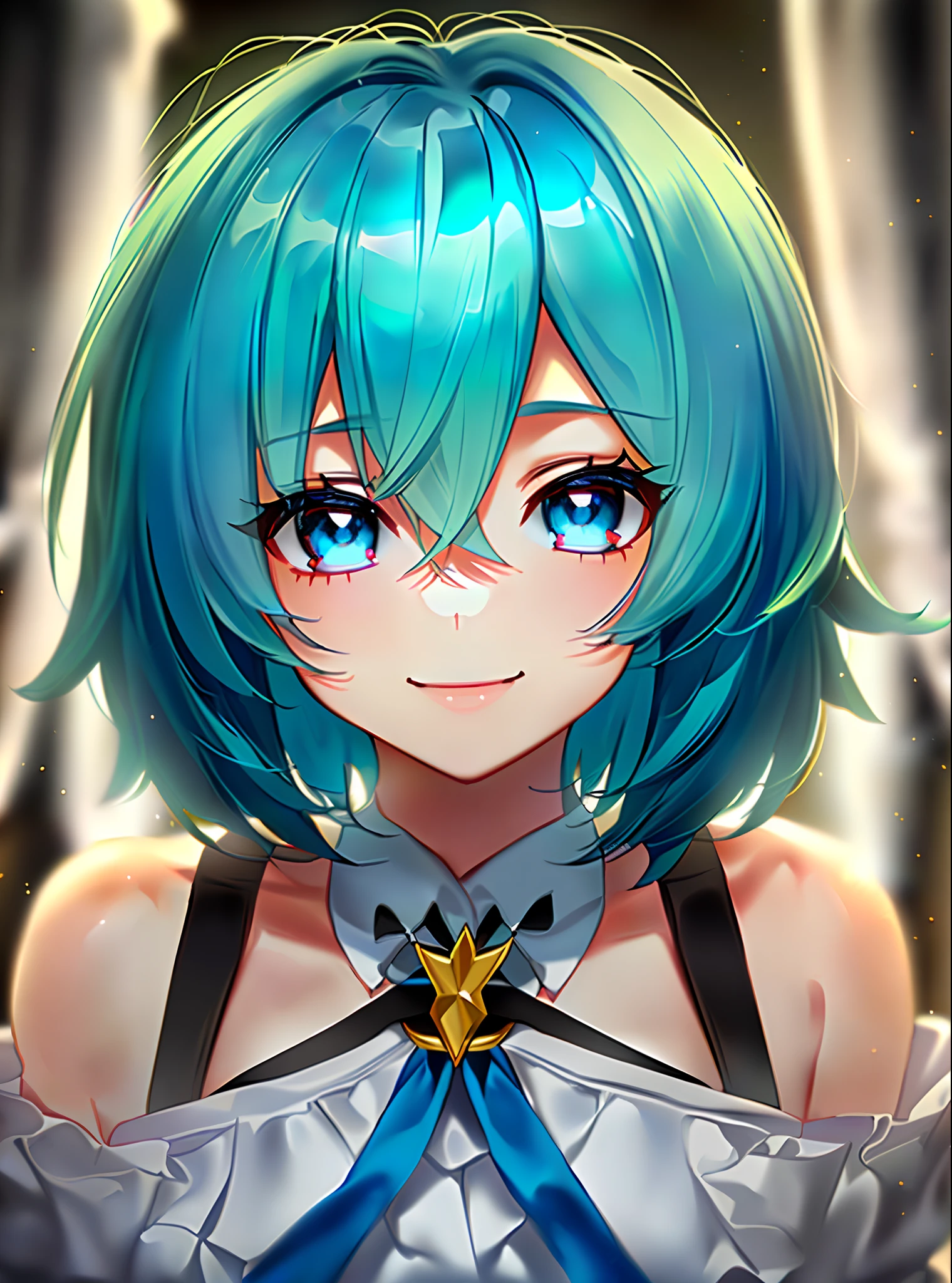 Lavender color hair, short hair, fluffy hair, cyan eyes, white sclera, kind, delicate, smiling