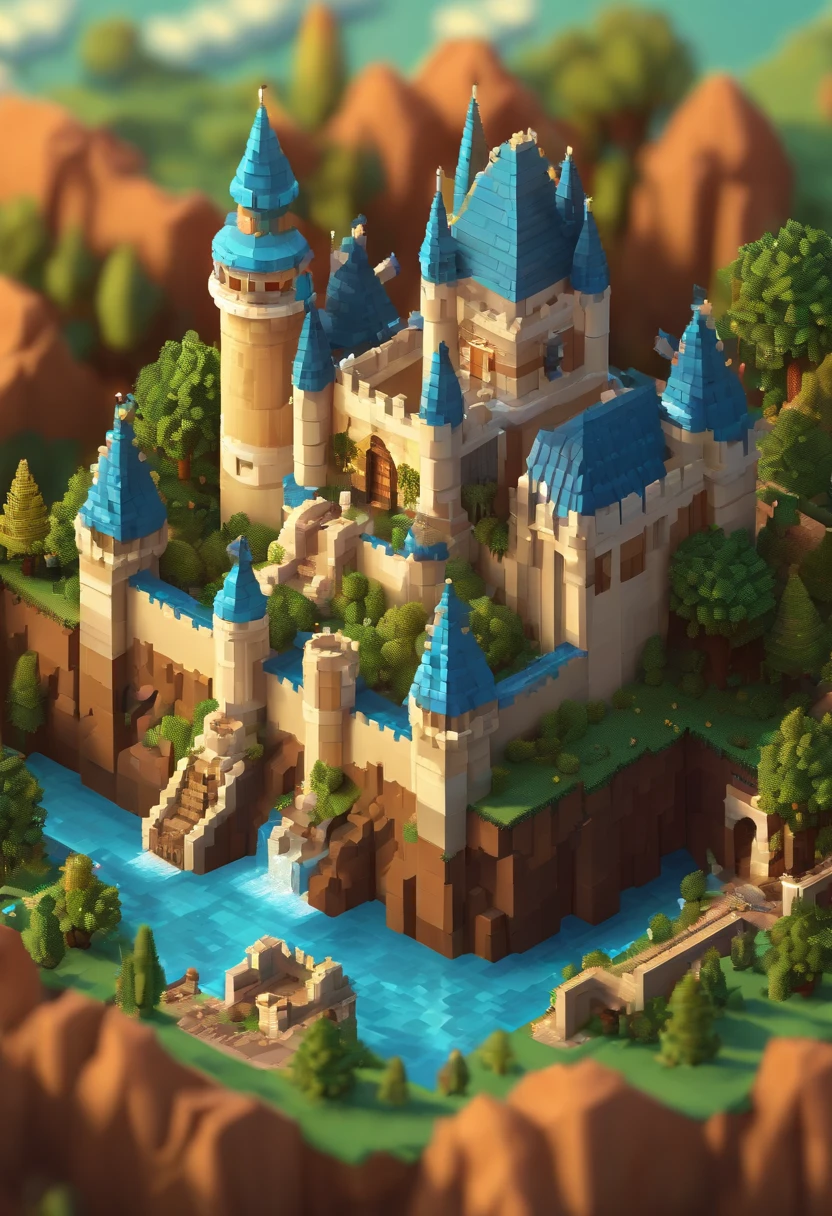 Close-up of a pixel art style landscape with a castle, high quality voxel art, detailed pixel artwork, detailed pixel art, beautiful detailed pixel art, ultra detailed game art, isometric voxel art, voxel based world, voxels art, super detailed color lowpoly art, isometric pixelart, isometric pixel art, concept pixelart