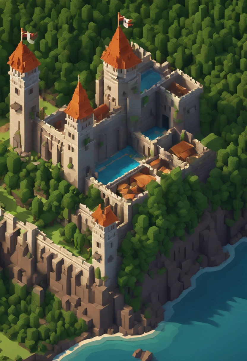 Close-up of a pixel art style landscape with a castle, high quality voxel art, detailed pixel artwork, detailed pixel art, beautiful detailed pixel art, ultra detailed game art, isometric voxel art, voxel based world, voxels art, super detailed color lowpoly art, isometric pixelart, isometric pixel art, concept pixelart