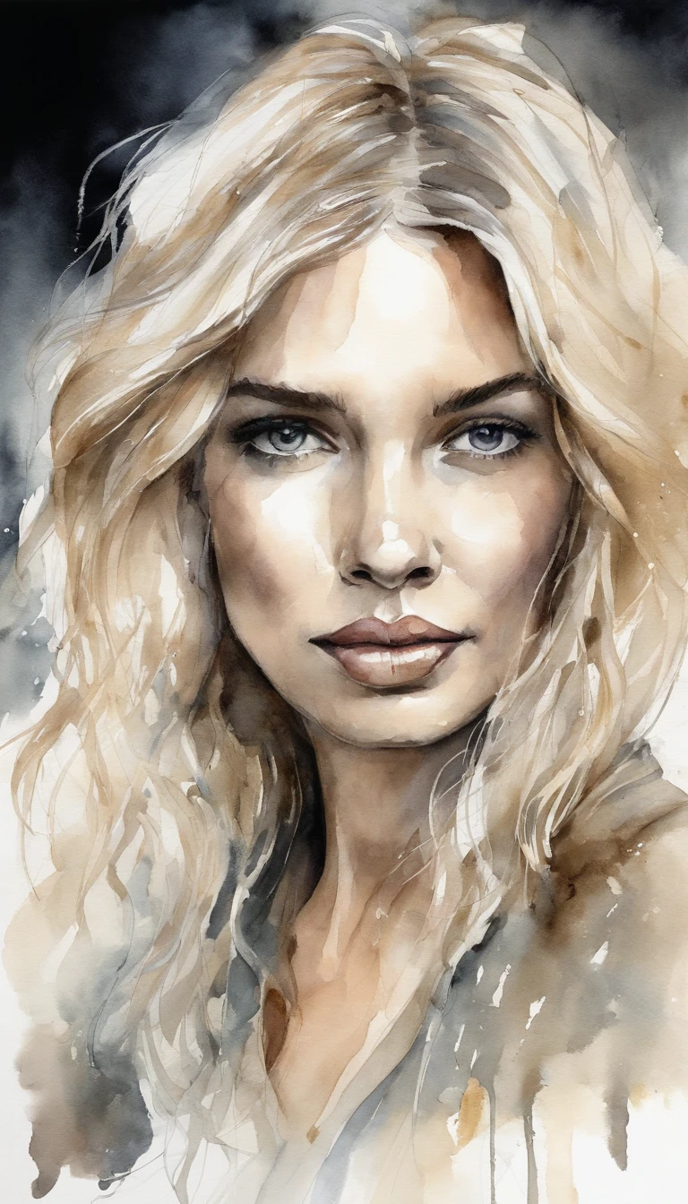 blonde girl, olhos azuis vibrantes, busto, parte superior, Serious expression, olhar em branco, Beautiful, perfeito, blonde hair, cabelo grande, dourado, dourado, sunlight, meia franja cobrindo um olho, reto, cabelos finos, rosto fino, top branco, decote, seios fartos, Perfect lips, nariz fino, delicado, Arte com trilhas de tinta, Aquarela, cores fortes, tinta suja, quebrado, pintar, Escova, (fundo branco), Dor, arte estilo yoji shinkawa, rosto cammy white